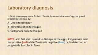 Laboratory diagnosis
1- Stool microscopy; same for both Taenia, by demonstration of eggs or gravid
proglottides in stool by:
A- Direct fecal smear
B- Brine floatation technique
C- Cellophane-tape technique
NOTE; acid fast stain is used to distinguish the eggs, T.saginata is acid
fast positive (red) while T.solium is negative (blue) or by detection of
proglottids & scolex in feces.
 