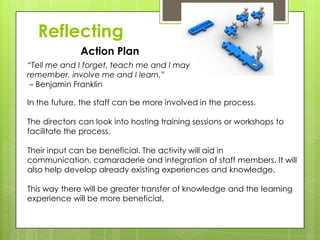 Reflecting
Action Plan
In the future, the staff can be more involved in the process.
The directors can look into hosting training sessions or workshops to
facilitate the process.
Their input can be beneficial. The activity will aid in
communication, camaraderie and integration of staff members. It will
also help develop already existing experiences and knowledge.
This way there will be greater transfer of knowledge and the learning
experience will be more beneficial.
“Tell me and I forget, teach me and I may
remember, involve me and I learn.”
– Benjamin Franklin
 