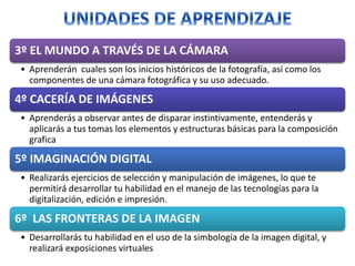 3º EL MUNDO A TRAVÉS DE LA CÁMARA
• Aprenderán cuales son los inicios históricos de la fotografía, así como los
componentes de una cámara fotográfica y su uso adecuado.
4º CACERÍA DE IMÁGENES
• Aprenderás a observar antes de disparar instintivamente, entenderás y
aplicarás a tus tomas los elementos y estructuras básicas para la composición
grafica
5º IMAGINACIÓN DIGITAL
• Realizarás ejercicios de selección y manipulación de imágenes, lo que te
permitirá desarrollar tu habilidad en el manejo de las tecnologías para la
digitalización, edición e impresión.
6º LAS FRONTERAS DE LA IMAGEN
• Desarrollarás tu habilidad en el uso de la simbología de la imagen digital, y
realizará exposiciones virtuales
 