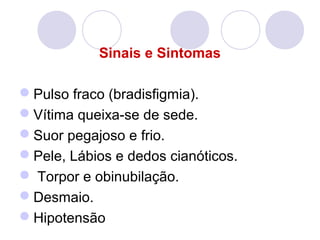 Sinais e Sintomas

Pulso fraco (bradisfigmia).
Vítima queixa-se de sede.
Suor pegajoso e frio.
Pele, Lábios e dedos cianóticos.
 Torpor e obinubilação.
Desmaio.
Hipotensão
 