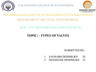 G H. RAISONI COLLEGE OF ENGINEERING
TOPIC: - TYPES OF VALVES
(An Autonomous Institute Under UGC Act 1956 and Affiliated to R.T.M. Nagpur University)
DEPARTMENT OF CIVIL ENGINEERING
SUB:- ENVIRONMENTAL ENGINEERING
SUBMITTED BY:-
1. SAURABH DESHMUKH 29
2. SHASHANK DESHMUKH 32
 