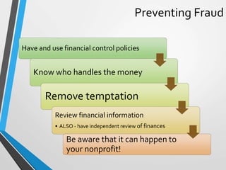 Preventing Fraud
Have and use financial control policies
Know who handles the money
Remove temptation
Review financial inf...