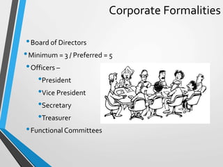 Corporate Formalities
•Board of Directors
•Minimum = 3 / Preferred = 5
•Officers –
•President
•Vice President
•Secretary
•...