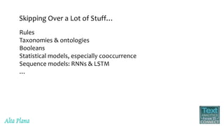 Skipping Over a Lot of Stuff…
Rules
Taxonomies & ontologies
Booleans
Statistical models, especially cooccurrence
Sequence models: RNNs & LSTM
…
 