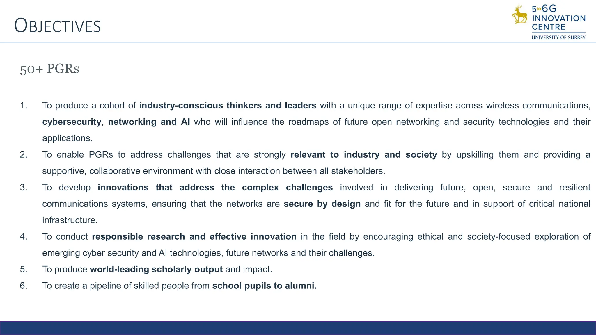 OBJECTIVES
50+ PGRs
1. To produce a cohort of industry-conscious thinkers and leaders with a unique range of expertise across wireless communications,
cybersecurity, networking and AI who will influence the roadmaps of future open networking and security technologies and their
applications.
2. To enable PGRs to address challenges that are strongly relevant to industry and society by upskilling them and providing a
supportive, collaborative environment with close interaction between all stakeholders.
3. To develop innovations that address the complex challenges involved in delivering future, open, secure and resilient
communications systems, ensuring that the networks are secure by design and fit for the future and in support of critical national
infrastructure.
4. To conduct responsible research and effective innovation in the field by encouraging ethical and society-focused exploration of
emerging cyber security and AI technologies, future networks and their challenges.
5. To produce world-leading scholarly output and impact.
6. To create a pipeline of skilled people from school pupils to alumni.
 