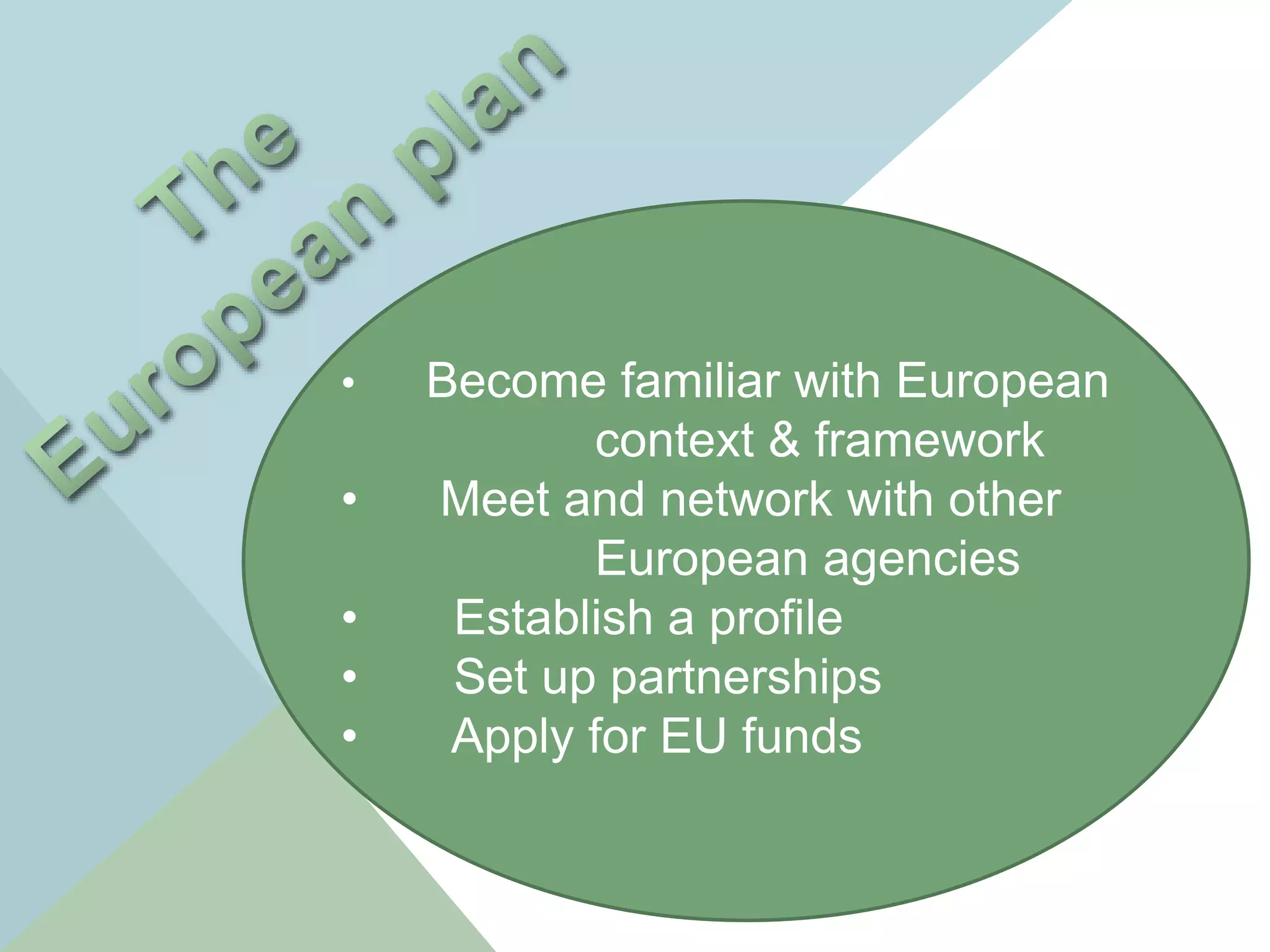 • Become familiar with European
context & framework
• Meet and network with other
European agencies
• Establish a profile
• Set up partnerships
• Apply for EU funds