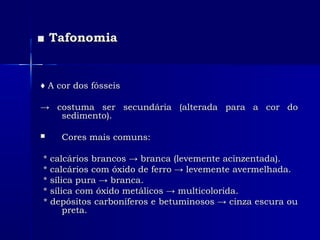 ■■ TafonomiaTafonomia
♦♦ A cor dos fósseisA cor dos fósseis
→→ costuma ser secundária (alterada para a cor docostuma ser secundária (alterada para a cor do
sedimento).sedimento).
 Cores mais comuns:Cores mais comuns:
* calcários brancos → branca (levemente acinzentada).* calcários brancos → branca (levemente acinzentada).
* calcários com óxido de ferro → levemente avermelhada.* calcários com óxido de ferro → levemente avermelhada.
* sílica pura → branca.* sílica pura → branca.
* sílica com óxido metálicos → multicolorida.* sílica com óxido metálicos → multicolorida.
* depósitos carboníferos e betuminosos → cinza escura ou* depósitos carboníferos e betuminosos → cinza escura ou
preta.preta.
 