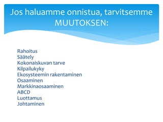 Rahoitus
Säätely
Kokonaiskuvan tarve
Kilpailukyky
Ekosysteemin rakentaminen
Osaaminen
Markkinaosaaminen
ABCD
Luottamus
Johtaminen
Jos haluamme onnistua, tarvitsemme
MUUTOKSEN:
 