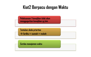 Kiat2 Berpacu dengan Waktu

Pelaksanaan 1 kewajiban tidak akan
menggugurkan kewajiban yg lain


Tentukan skala prioritas
 fardhu >> sunnah >> mubah



Cerdas manajemen waktu
 