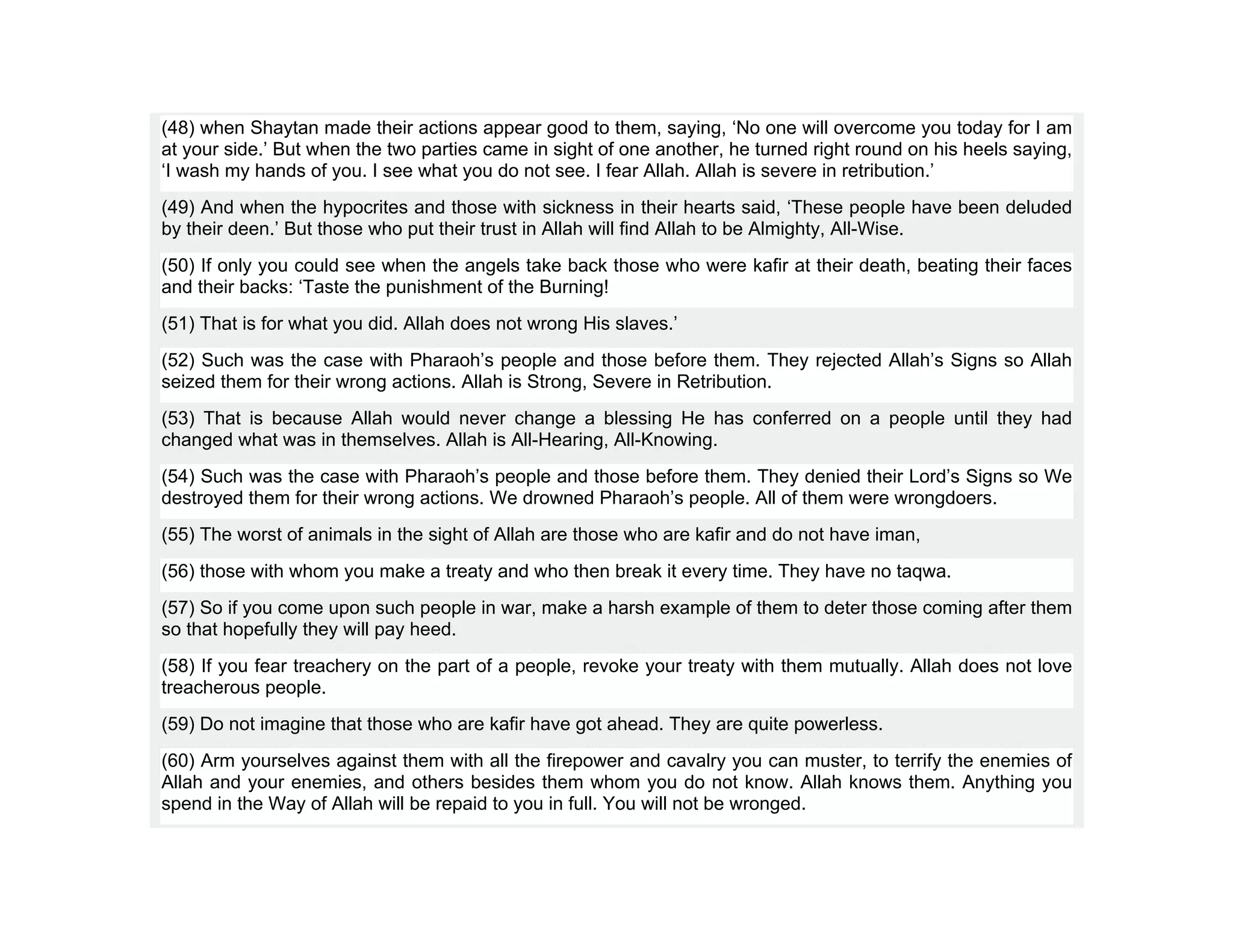 (48) when Shaytan made their actions appear good to them, saying, ‘No one will overcome you today for I am
at your side.’ But when the two parties came in sight of one another, he turned right round on his heels saying,
‘I wash my hands of you. I see what you do not see. I fear Allah. Allah is severe in retribution.’
(49) And when the hypocrites and those with sickness in their hearts said, ‘These people have been deluded
by their deen.’ But those who put their trust in Allah will find Allah to be Almighty, All-Wise.
(50) If only you could see when the angels take back those who were kafir at their death, beating their faces
and their backs: ‘Taste the punishment of the Burning!
(51) That is for what you did. Allah does not wrong His slaves.’
(52) Such was the case with Pharaoh’s people and those before them. They rejected Allah’s Signs so Allah
seized them for their wrong actions. Allah is Strong, Severe in Retribution.
(53) That is because Allah would never change a blessing He has conferred on a people until they had
changed what was in themselves. Allah is All-Hearing, All-Knowing.
(54) Such was the case with Pharaoh’s people and those before them. They denied their Lord’s Signs so We
destroyed them for their wrong actions. We drowned Pharaoh’s people. All of them were wrongdoers.
(55) The worst of animals in the sight of Allah are those who are kafir and do not have iman,
(56) those with whom you make a treaty and who then break it every time. They have no taqwa.
(57) So if you come upon such people in war, make a harsh example of them to deter those coming after them
so that hopefully they will pay heed.
(58) If you fear treachery on the part of a people, revoke your treaty with them mutually. Allah does not love
treacherous people.
(59) Do not imagine that those who are kafir have got ahead. They are quite powerless.
(60) Arm yourselves against them with all the firepower and cavalry you can muster, to terrify the enemies of
Allah and your enemies, and others besides them whom you do not know. Allah knows them. Anything you
spend in the Way of Allah will be repaid to you in full. You will not be wronged.
 