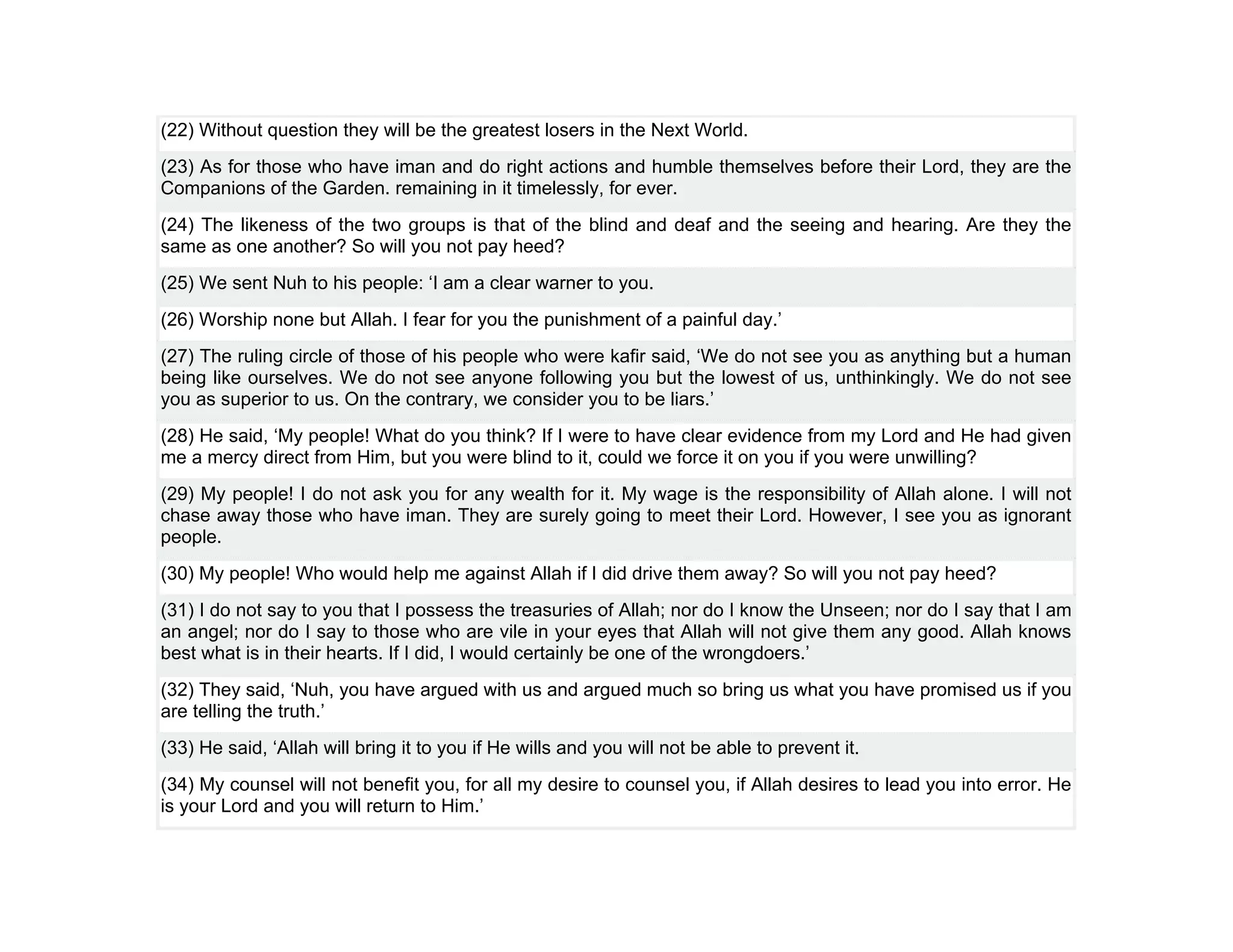(22) Without question they will be the greatest losers in the Next World.
(23) As for those who have iman and do right actions and humble themselves before their Lord, they are the
Companions of the Garden. remaining in it timelessly, for ever.
(24) The likeness of the two groups is that of the blind and deaf and the seeing and hearing. Are they the
same as one another? So will you not pay heed?
(25) We sent Nuh to his people: ‘I am a clear warner to you.
(26) Worship none but Allah. I fear for you the punishment of a painful day.’
(27) The ruling circle of those of his people who were kafir said, ‘We do not see you as anything but a human
being like ourselves. We do not see anyone following you but the lowest of us, unthinkingly. We do not see
you as superior to us. On the contrary, we consider you to be liars.’
(28) He said, ‘My people! What do you think? If I were to have clear evidence from my Lord and He had given
me a mercy direct from Him, but you were blind to it, could we force it on you if you were unwilling?
(29) My people! I do not ask you for any wealth for it. My wage is the responsibility of Allah alone. I will not
chase away those who have iman. They are surely going to meet their Lord. However, I see you as ignorant
people.
(30) My people! Who would help me against Allah if I did drive them away? So will you not pay heed?
(31) I do not say to you that I possess the treasuries of Allah; nor do I know the Unseen; nor do I say that I am
an angel; nor do I say to those who are vile in your eyes that Allah will not give them any good. Allah knows
best what is in their hearts. If I did, I would certainly be one of the wrongdoers.’
(32) They said, ‘Nuh, you have argued with us and argued much so bring us what you have promised us if you
are telling the truth.’
(33) He said, ‘Allah will bring it to you if He wills and you will not be able to prevent it.
(34) My counsel will not benefit you, for all my desire to counsel you, if Allah desires to lead you into error. He
is your Lord and you will return to Him.’
 