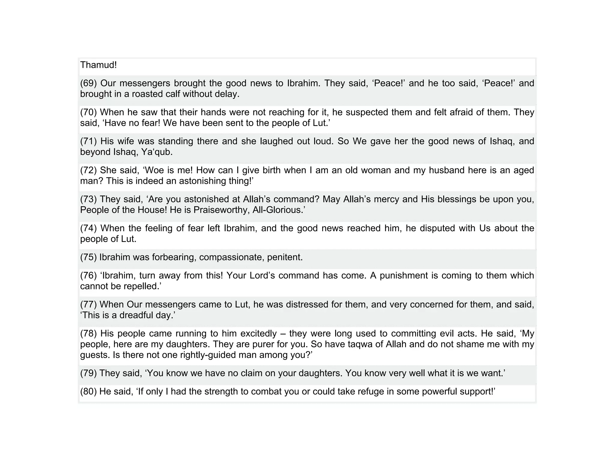 Thamud!
(69) Our messengers brought the good news to Ibrahim. They said, ‘Peace!’ and he too said, ‘Peace!’ and
brought in a roasted calf without delay.
(70) When he saw that their hands were not reaching for it, he suspected them and felt afraid of them. They
said, ‘Have no fear! We have been sent to the people of Lut.’
(71) His wife was standing there and she laughed out loud. So We gave her the good news of Ishaq, and
beyond Ishaq, Ya‘qub.
(72) She said, ‘Woe is me! How can I give birth when I am an old woman and my husband here is an aged
man? This is indeed an astonishing thing!’
(73) They said, ‘Are you astonished at Allah’s command? May Allah’s mercy and His blessings be upon you,
People of the House! He is Praiseworthy, All-Glorious.’
(74) When the feeling of fear left Ibrahim, and the good news reached him, he disputed with Us about the
people of Lut.
(75) Ibrahim was forbearing, compassionate, penitent.
(76) ‘Ibrahim, turn away from this! Your Lord’s command has come. A punishment is coming to them which
cannot be repelled.’
(77) When Our messengers came to Lut, he was distressed for them, and very concerned for them, and said,
‘This is a dreadful day.’
(78) His people came running to him excitedly – they were long used to committing evil acts. He said, ‘My
people, here are my daughters. They are purer for you. So have taqwa of Allah and do not shame me with my
guests. Is there not one rightly-guided man among you?’
(79) They said, ‘You know we have no claim on your daughters. You know very well what it is we want.’
(80) He said, ‘If only I had the strength to combat you or could take refuge in some powerful support!’
 