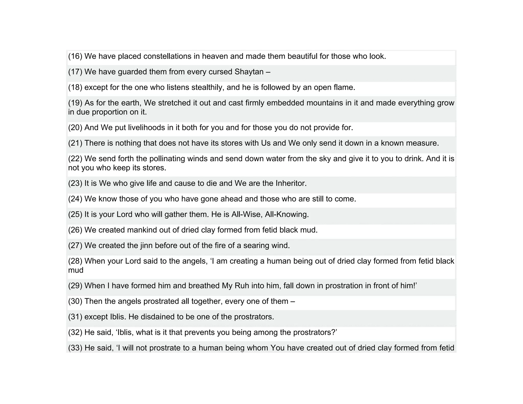 (16) We have placed constellations in heaven and made them beautiful for those who look.
(17) We have guarded them from every cursed Shaytan –
(18) except for the one who listens stealthily, and he is followed by an open flame.
(19) As for the earth, We stretched it out and cast firmly embedded mountains in it and made everything grow
in due proportion on it.
(20) And We put livelihoods in it both for you and for those you do not provide for.
(21) There is nothing that does not have its stores with Us and We only send it down in a known measure.
(22) We send forth the pollinating winds and send down water from the sky and give it to you to drink. And it is
not you who keep its stores.
(23) It is We who give life and cause to die and We are the Inheritor.
(24) We know those of you who have gone ahead and those who are still to come.
(25) It is your Lord who will gather them. He is All-Wise, All-Knowing.
(26) We created mankind out of dried clay formed from fetid black mud.
(27) We created the jinn before out of the fire of a searing wind.
(28) When your Lord said to the angels, ‘I am creating a human being out of dried clay formed from fetid black
mud
(29) When I have formed him and breathed My Ruh into him, fall down in prostration in front of him!’
(30) Then the angels prostrated all together, every one of them –
(31) except Iblis. He disdained to be one of the prostrators.
(32) He said, ‘Iblis, what is it that prevents you being among the prostrators?’
(33) He said, ‘I will not prostrate to a human being whom You have created out of dried clay formed from fetid
 