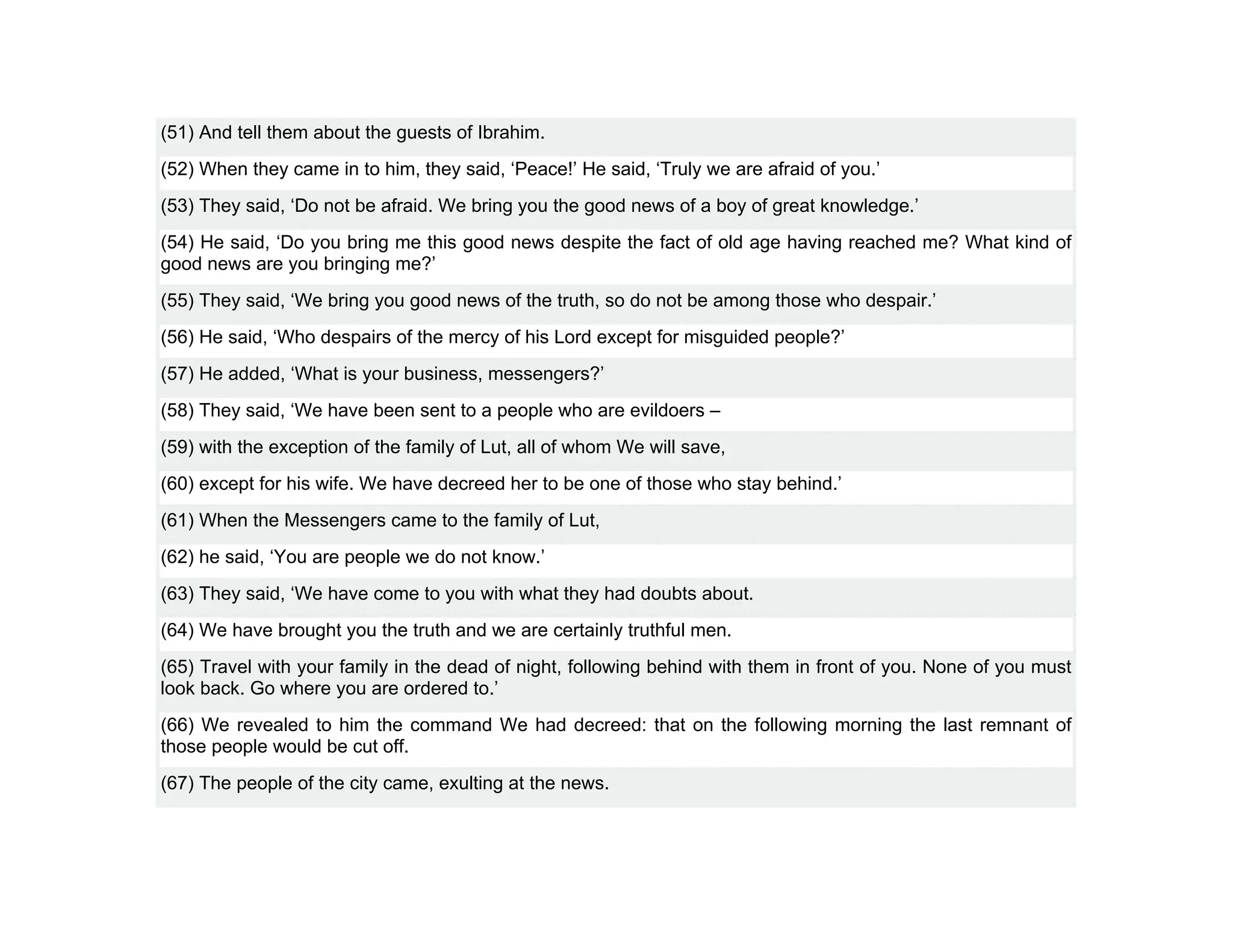 (51) And tell them about the guests of Ibrahim.
(52) When they came in to him, they said, ‘Peace!’ He said, ‘Truly we are afraid of you.’
(53) They said, ‘Do not be afraid. We bring you the good news of a boy of great knowledge.’
(54) He said, ‘Do you bring me this good news despite the fact of old age having reached me? What kind of
good news are you bringing me?’
(55) They said, ‘We bring you good news of the truth, so do not be among those who despair.’
(56) He said, ‘Who despairs of the mercy of his Lord except for misguided people?’
(57) He added, ‘What is your business, messengers?’
(58) They said, ‘We have been sent to a people who are evildoers –
(59) with the exception of the family of Lut, all of whom We will save,
(60) except for his wife. We have decreed her to be one of those who stay behind.’
(61) When the Messengers came to the family of Lut,
(62) he said, ‘You are people we do not know.’
(63) They said, ‘We have come to you with what they had doubts about.
(64) We have brought you the truth and we are certainly truthful men.
(65) Travel with your family in the dead of night, following behind with them in front of you. None of you must
look back. Go where you are ordered to.’
(66) We revealed to him the command We had decreed: that on the following morning the last remnant of
those people would be cut off.
(67) The people of the city came, exulting at the news.
 