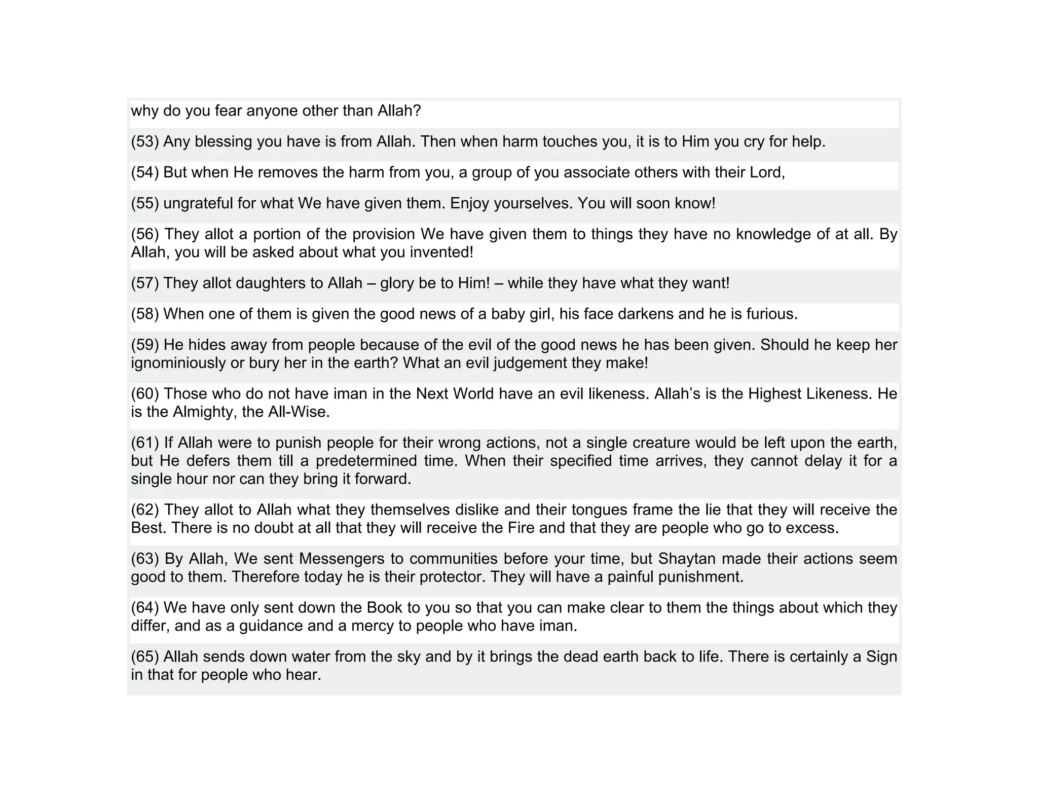 why do you fear anyone other than Allah?
(53) Any blessing you have is from Allah. Then when harm touches you, it is to Him you cry for help.
(54) But when He removes the harm from you, a group of you associate others with their Lord,
(55) ungrateful for what We have given them. Enjoy yourselves. You will soon know!
(56) They allot a portion of the provision We have given them to things they have no knowledge of at all. By
Allah, you will be asked about what you invented!
(57) They allot daughters to Allah – glory be to Him! – while they have what they want!
(58) When one of them is given the good news of a baby girl, his face darkens and he is furious.
(59) He hides away from people because of the evil of the good news he has been given. Should he keep her
ignominiously or bury her in the earth? What an evil judgement they make!
(60) Those who do not have iman in the Next World have an evil likeness. Allah’s is the Highest Likeness. He
is the Almighty, the All-Wise.
(61) If Allah were to punish people for their wrong actions, not a single creature would be left upon the earth,
but He defers them till a predetermined time. When their specified time arrives, they cannot delay it for a
single hour nor can they bring it forward.
(62) They allot to Allah what they themselves dislike and their tongues frame the lie that they will receive the
Best. There is no doubt at all that they will receive the Fire and that they are people who go to excess.
(63) By Allah, We sent Messengers to communities before your time, but Shaytan made their actions seem
good to them. Therefore today he is their protector. They will have a painful punishment.
(64) We have only sent down the Book to you so that you can make clear to them the things about which they
differ, and as a guidance and a mercy to people who have iman.
(65) Allah sends down water from the sky and by it brings the dead earth back to life. There is certainly a Sign
in that for people who hear.
 