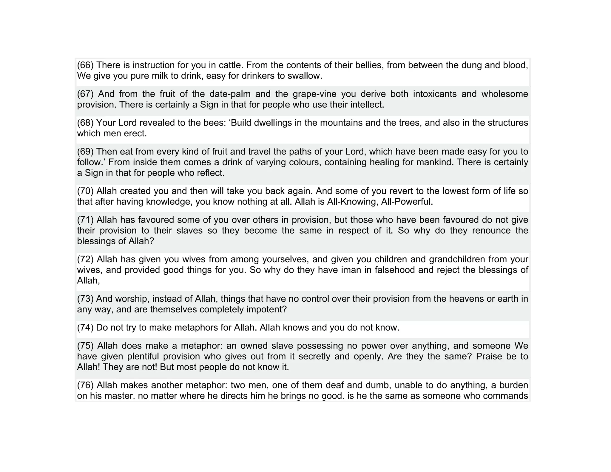 (66) There is instruction for you in cattle. From the contents of their bellies, from between the dung and blood,
We give you pure milk to drink, easy for drinkers to swallow.
(67) And from the fruit of the date-palm and the grape-vine you derive both intoxicants and wholesome
provision. There is certainly a Sign in that for people who use their intellect.
(68) Your Lord revealed to the bees: ‘Build dwellings in the mountains and the trees, and also in the structures
which men erect.
(69) Then eat from every kind of fruit and travel the paths of your Lord, which have been made easy for you to
follow.’ From inside them comes a drink of varying colours, containing healing for mankind. There is certainly
a Sign in that for people who reflect.
(70) Allah created you and then will take you back again. And some of you revert to the lowest form of life so
that after having knowledge, you know nothing at all. Allah is All-Knowing, All-Powerful.
(71) Allah has favoured some of you over others in provision, but those who have been favoured do not give
their provision to their slaves so they become the same in respect of it. So why do they renounce the
blessings of Allah?
(72) Allah has given you wives from among yourselves, and given you children and grandchildren from your
wives, and provided good things for you. So why do they have iman in falsehood and reject the blessings of
Allah,
(73) And worship, instead of Allah, things that have no control over their provision from the heavens or earth in
any way, and are themselves completely impotent?
(74) Do not try to make metaphors for Allah. Allah knows and you do not know.
(75) Allah does make a metaphor: an owned slave possessing no power over anything, and someone We
have given plentiful provision who gives out from it secretly and openly. Are they the same? Praise be to
Allah! They are not! But most people do not know it.
(76) Allah makes another metaphor: two men, one of them deaf and dumb, unable to do anything, a burden
on his master, no matter where he directs him he brings no good, is he the same as someone who commands
 