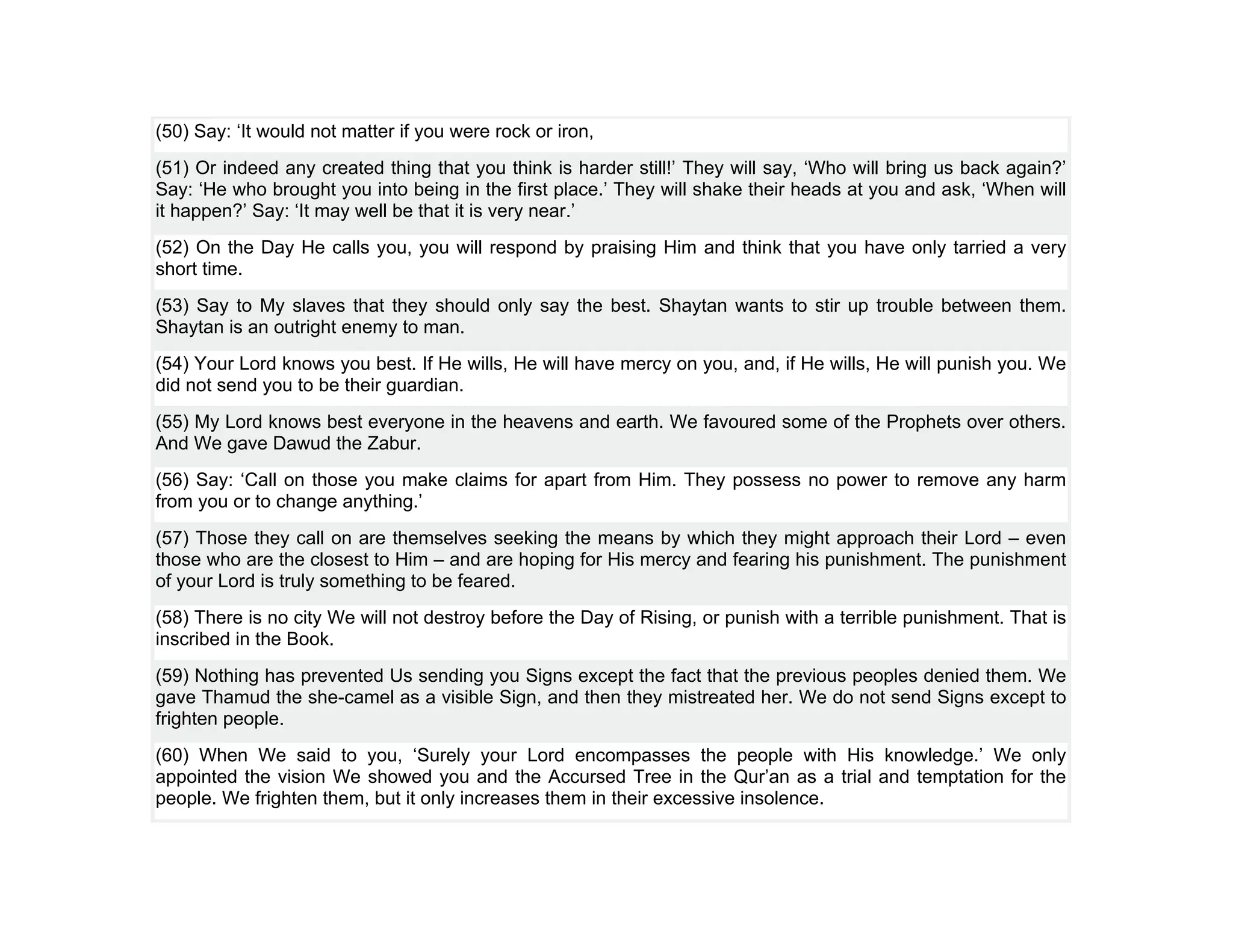 (50) Say: ‘It would not matter if you were rock or iron,
(51) Or indeed any created thing that you think is harder still!’ They will say, ‘Who will bring us back again?’
Say: ‘He who brought you into being in the first place.’ They will shake their heads at you and ask, ‘When will
it happen?’ Say: ‘It may well be that it is very near.’
(52) On the Day He calls you, you will respond by praising Him and think that you have only tarried a very
short time.
(53) Say to My slaves that they should only say the best. Shaytan wants to stir up trouble between them.
Shaytan is an outright enemy to man.
(54) Your Lord knows you best. If He wills, He will have mercy on you, and, if He wills, He will punish you. We
did not send you to be their guardian.
(55) My Lord knows best everyone in the heavens and earth. We favoured some of the Prophets over others.
And We gave Dawud the Zabur.
(56) Say: ‘Call on those you make claims for apart from Him. They possess no power to remove any harm
from you or to change anything.’
(57) Those they call on are themselves seeking the means by which they might approach their Lord – even
those who are the closest to Him – and are hoping for His mercy and fearing his punishment. The punishment
of your Lord is truly something to be feared.
(58) There is no city We will not destroy before the Day of Rising, or punish with a terrible punishment. That is
inscribed in the Book.
(59) Nothing has prevented Us sending you Signs except the fact that the previous peoples denied them. We
gave Thamud the she-camel as a visible Sign, and then they mistreated her. We do not send Signs except to
frighten people.
(60) When We said to you, ‘Surely your Lord encompasses the people with His knowledge.’ We only
appointed the vision We showed you and the Accursed Tree in the Qur’an as a trial and temptation for the
people. We frighten them, but it only increases them in their excessive insolence.
 