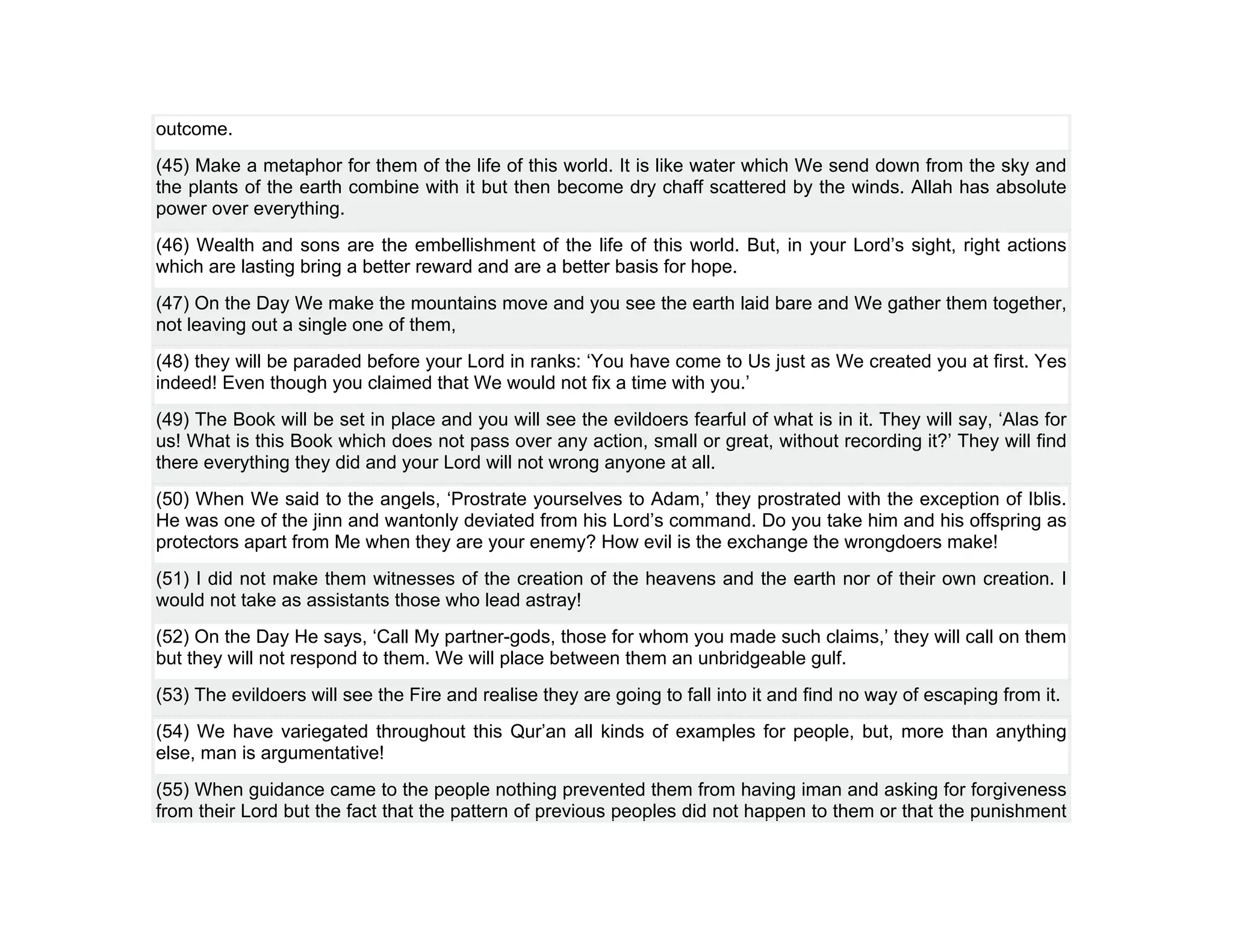 outcome.
(45) Make a metaphor for them of the life of this world. It is like water which We send down from the sky and
the plants of the earth combine with it but then become dry chaff scattered by the winds. Allah has absolute
power over everything.
(46) Wealth and sons are the embellishment of the life of this world. But, in your Lord’s sight, right actions
which are lasting bring a better reward and are a better basis for hope.
(47) On the Day We make the mountains move and you see the earth laid bare and We gather them together,
not leaving out a single one of them,
(48) they will be paraded before your Lord in ranks: ‘You have come to Us just as We created you at first. Yes
indeed! Even though you claimed that We would not fix a time with you.’
(49) The Book will be set in place and you will see the evildoers fearful of what is in it. They will say, ‘Alas for
us! What is this Book which does not pass over any action, small or great, without recording it?’ They will find
there everything they did and your Lord will not wrong anyone at all.
(50) When We said to the angels, ‘Prostrate yourselves to Adam,’ they prostrated with the exception of Iblis.
He was one of the jinn and wantonly deviated from his Lord’s command. Do you take him and his offspring as
protectors apart from Me when they are your enemy? How evil is the exchange the wrongdoers make!
(51) I did not make them witnesses of the creation of the heavens and the earth nor of their own creation. I
would not take as assistants those who lead astray!
(52) On the Day He says, ‘Call My partner-gods, those for whom you made such claims,’ they will call on them
but they will not respond to them. We will place between them an unbridgeable gulf.
(53) The evildoers will see the Fire and realise they are going to fall into it and find no way of escaping from it.
(54) We have variegated throughout this Qur’an all kinds of examples for people, but, more than anything
else, man is argumentative!
(55) When guidance came to the people nothing prevented them from having iman and asking for forgiveness
from their Lord but the fact that the pattern of previous peoples did not happen to them or that the punishment
 