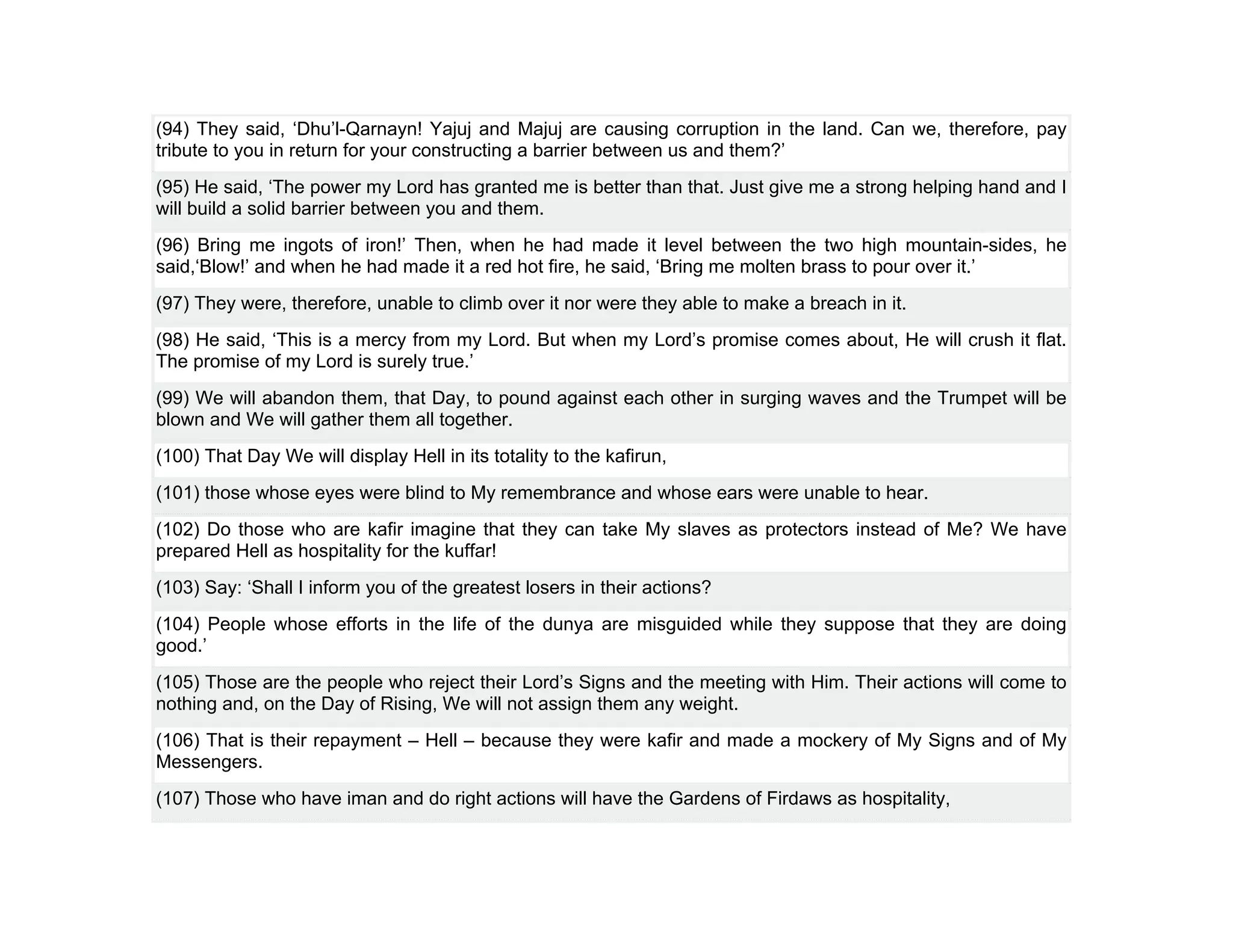(94) They said, ‘Dhu’l-Qarnayn! Yajuj and Majuj are causing corruption in the land. Can we, therefore, pay
tribute to you in return for your constructing a barrier between us and them?’
(95) He said, ‘The power my Lord has granted me is better than that. Just give me a strong helping hand and I
will build a solid barrier between you and them.
(96) Bring me ingots of iron!’ Then, when he had made it level between the two high mountain-sides, he
said,‘Blow!’ and when he had made it a red hot fire, he said, ‘Bring me molten brass to pour over it.’
(97) They were, therefore, unable to climb over it nor were they able to make a breach in it.
(98) He said, ‘This is a mercy from my Lord. But when my Lord’s promise comes about, He will crush it flat.
The promise of my Lord is surely true.’
(99) We will abandon them, that Day, to pound against each other in surging waves and the Trumpet will be
blown and We will gather them all together.
(100) That Day We will display Hell in its totality to the kafirun,
(101) those whose eyes were blind to My remembrance and whose ears were unable to hear.
(102) Do those who are kafir imagine that they can take My slaves as protectors instead of Me? We have
prepared Hell as hospitality for the kuffar!
(103) Say: ‘Shall I inform you of the greatest losers in their actions?
(104) People whose efforts in the life of the dunya are misguided while they suppose that they are doing
good.’
(105) Those are the people who reject their Lord’s Signs and the meeting with Him. Their actions will come to
nothing and, on the Day of Rising, We will not assign them any weight.
(106) That is their repayment – Hell – because they were kafir and made a mockery of My Signs and of My
Messengers.
(107) Those who have iman and do right actions will have the Gardens of Firdaws as hospitality,
 