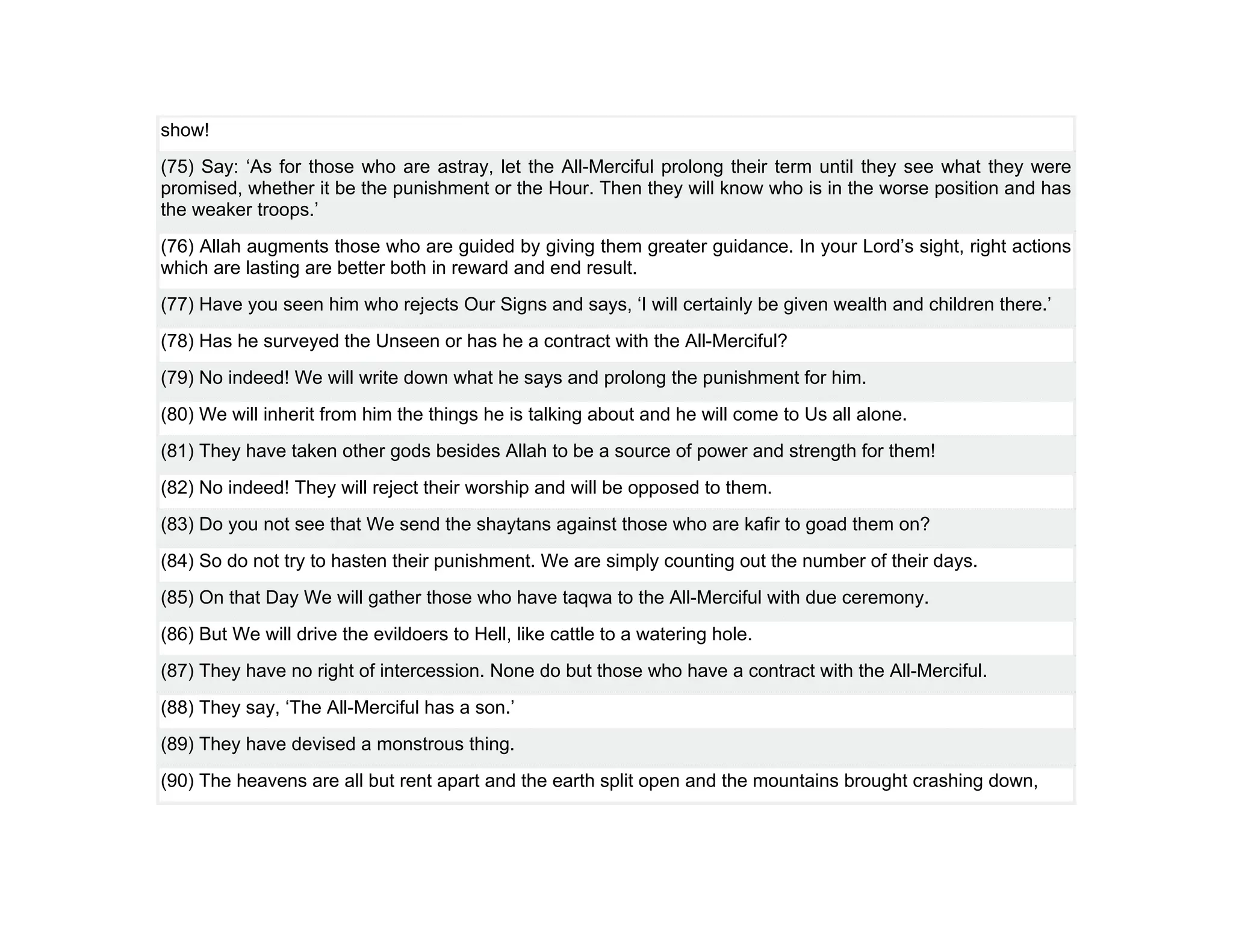 show!
(75) Say: ‘As for those who are astray, let the All-Merciful prolong their term until they see what they were
promised, whether it be the punishment or the Hour. Then they will know who is in the worse position and has
the weaker troops.’
(76) Allah augments those who are guided by giving them greater guidance. In your Lord’s sight, right actions
which are lasting are better both in reward and end result.
(77) Have you seen him who rejects Our Signs and says, ‘I will certainly be given wealth and children there.’
(78) Has he surveyed the Unseen or has he a contract with the All-Merciful?
(79) No indeed! We will write down what he says and prolong the punishment for him.
(80) We will inherit from him the things he is talking about and he will come to Us all alone.
(81) They have taken other gods besides Allah to be a source of power and strength for them!
(82) No indeed! They will reject their worship and will be opposed to them.
(83) Do you not see that We send the shaytans against those who are kafir to goad them on?
(84) So do not try to hasten their punishment. We are simply counting out the number of their days.
(85) On that Day We will gather those who have taqwa to the All-Merciful with due ceremony.
(86) But We will drive the evildoers to Hell, like cattle to a watering hole.
(87) They have no right of intercession. None do but those who have a contract with the All-Merciful.
(88) They say, ‘The All-Merciful has a son.’
(89) They have devised a monstrous thing.
(90) The heavens are all but rent apart and the earth split open and the mountains brought crashing down,
 
