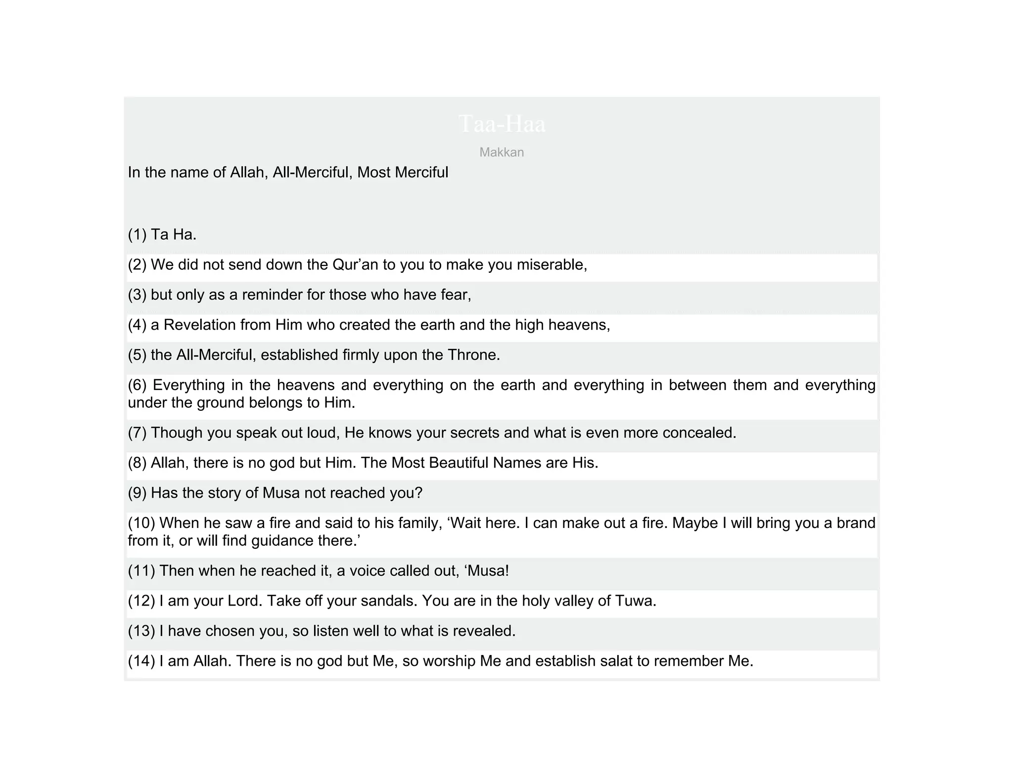 Taa-Haa
                                                      Makkan
In the name of Allah, All-Merciful, Most Merciful



(1) Ta Ha.
(2) We did not send down the Qur’an to you to make you miserable,
(3) but only as a reminder for those who have fear,
(4) a Revelation from Him who created the earth and the high heavens,
(5) the All-Merciful, established firmly upon the Throne.
(6) Everything in the heavens and everything on the earth and everything in between them and everything
under the ground belongs to Him.
(7) Though you speak out loud, He knows your secrets and what is even more concealed.
(8) Allah, there is no god but Him. The Most Beautiful Names are His.
(9) Has the story of Musa not reached you?
(10) When he saw a fire and said to his family, ‘Wait here. I can make out a fire. Maybe I will bring you a brand
from it, or will find guidance there.’
(11) Then when he reached it, a voice called out, ‘Musa!
(12) I am your Lord. Take off your sandals. You are in the holy valley of Tuwa.
(13) I have chosen you, so listen well to what is revealed.
(14) I am Allah. There is no god but Me, so worship Me and establish salat to remember Me.
 