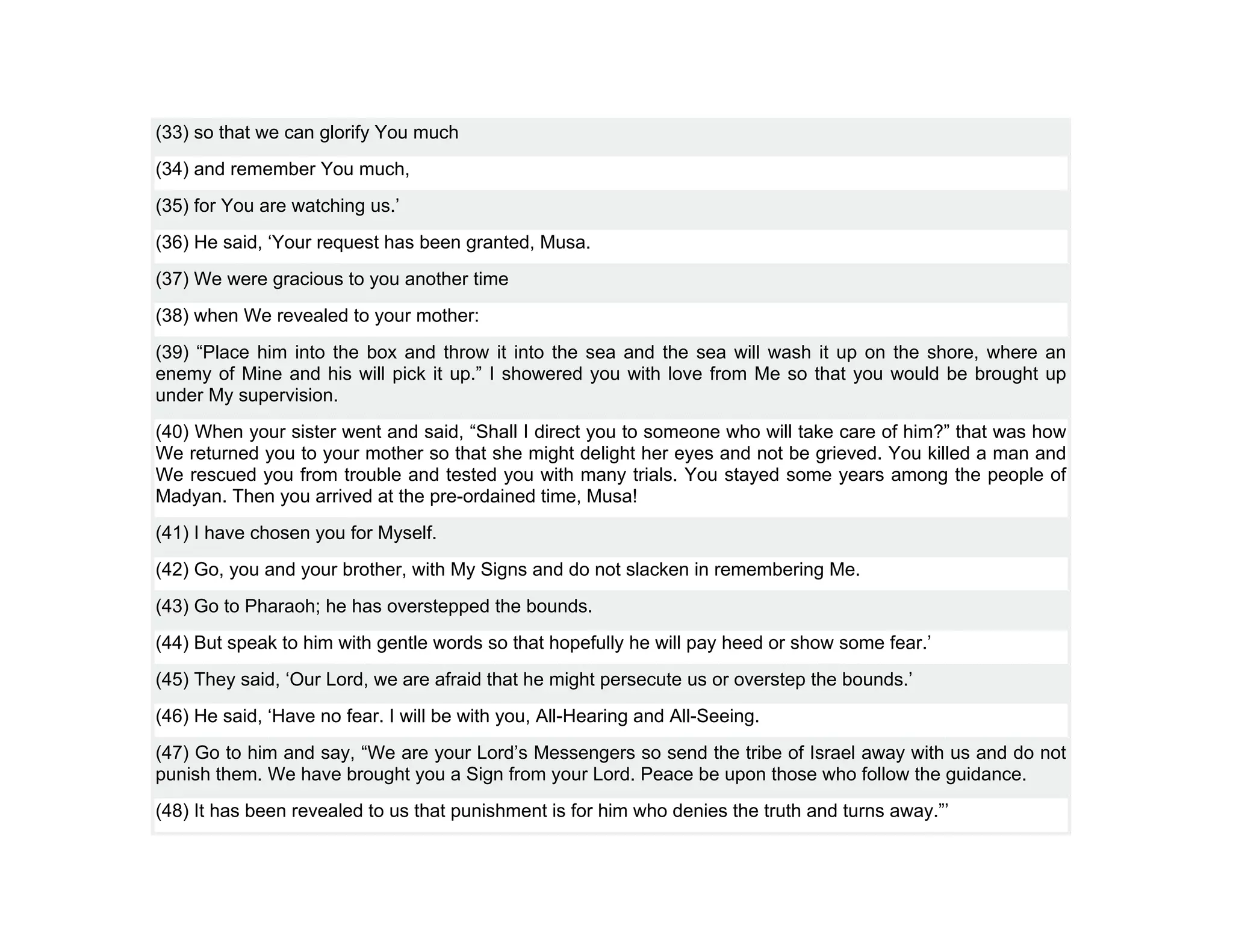 (33) so that we can glorify You much
(34) and remember You much,
(35) for You are watching us.’
(36) He said, ‘Your request has been granted, Musa.
(37) We were gracious to you another time
(38) when We revealed to your mother:
(39) “Place him into the box and throw it into the sea and the sea will wash it up on the shore, where an
enemy of Mine and his will pick it up.” I showered you with love from Me so that you would be brought up
under My supervision.
(40) When your sister went and said, “Shall I direct you to someone who will take care of him?” that was how
We returned you to your mother so that she might delight her eyes and not be grieved. You killed a man and
We rescued you from trouble and tested you with many trials. You stayed some years among the people of
Madyan. Then you arrived at the pre-ordained time, Musa!
(41) I have chosen you for Myself.
(42) Go, you and your brother, with My Signs and do not slacken in remembering Me.
(43) Go to Pharaoh; he has overstepped the bounds.
(44) But speak to him with gentle words so that hopefully he will pay heed or show some fear.’
(45) They said, ‘Our Lord, we are afraid that he might persecute us or overstep the bounds.’
(46) He said, ‘Have no fear. I will be with you, All-Hearing and All-Seeing.
(47) Go to him and say, “We are your Lord’s Messengers so send the tribe of Israel away with us and do not
punish them. We have brought you a Sign from your Lord. Peace be upon those who follow the guidance.
(48) It has been revealed to us that punishment is for him who denies the truth and turns away.”’
 