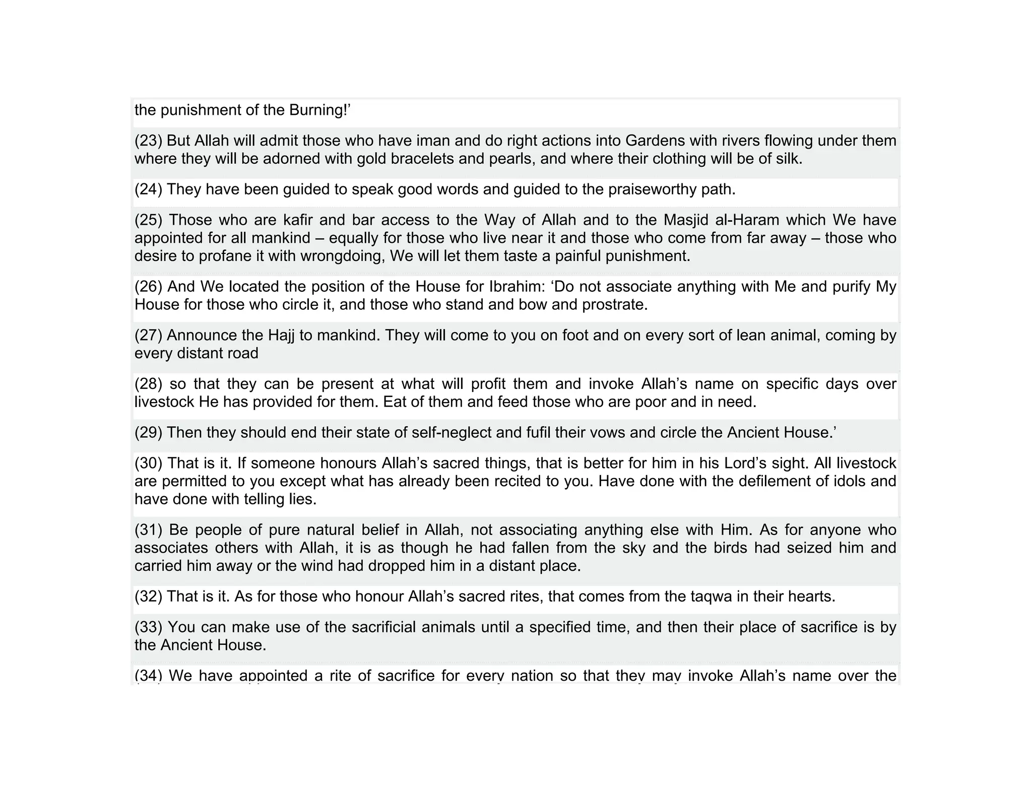 the punishment of the Burning!’
(23) But Allah will admit those who have iman and do right actions into Gardens with rivers flowing under them
where they will be adorned with gold bracelets and pearls, and where their clothing will be of silk.
(24) They have been guided to speak good words and guided to the praiseworthy path.
(25) Those who are kafir and bar access to the Way of Allah and to the Masjid al-Haram which We have
appointed for all mankind – equally for those who live near it and those who come from far away – those who
desire to profane it with wrongdoing, We will let them taste a painful punishment.
(26) And We located the position of the House for Ibrahim: ‘Do not associate anything with Me and purify My
House for those who circle it, and those who stand and bow and prostrate.
(27) Announce the Hajj to mankind. They will come to you on foot and on every sort of lean animal, coming by
every distant road
(28) so that they can be present at what will profit them and invoke Allah’s name on specific days over
livestock He has provided for them. Eat of them and feed those who are poor and in need.
(29) Then they should end their state of self-neglect and fufil their vows and circle the Ancient House.’
(30) That is it. If someone honours Allah’s sacred things, that is better for him in his Lord’s sight. All livestock
are permitted to you except what has already been recited to you. Have done with the defilement of idols and
have done with telling lies.
(31) Be people of pure natural belief in Allah, not associating anything else with Him. As for anyone who
associates others with Allah, it is as though he had fallen from the sky and the birds had seized him and
carried him away or the wind had dropped him in a distant place.
(32) That is it. As for those who honour Allah’s sacred rites, that comes from the taqwa in their hearts.
(33) You can make use of the sacrificial animals until a specified time, and then their place of sacrifice is by
the Ancient House.
(34) We have appointed a rite of sacrifice for every nation so that they may invoke Allah’s name over the
 