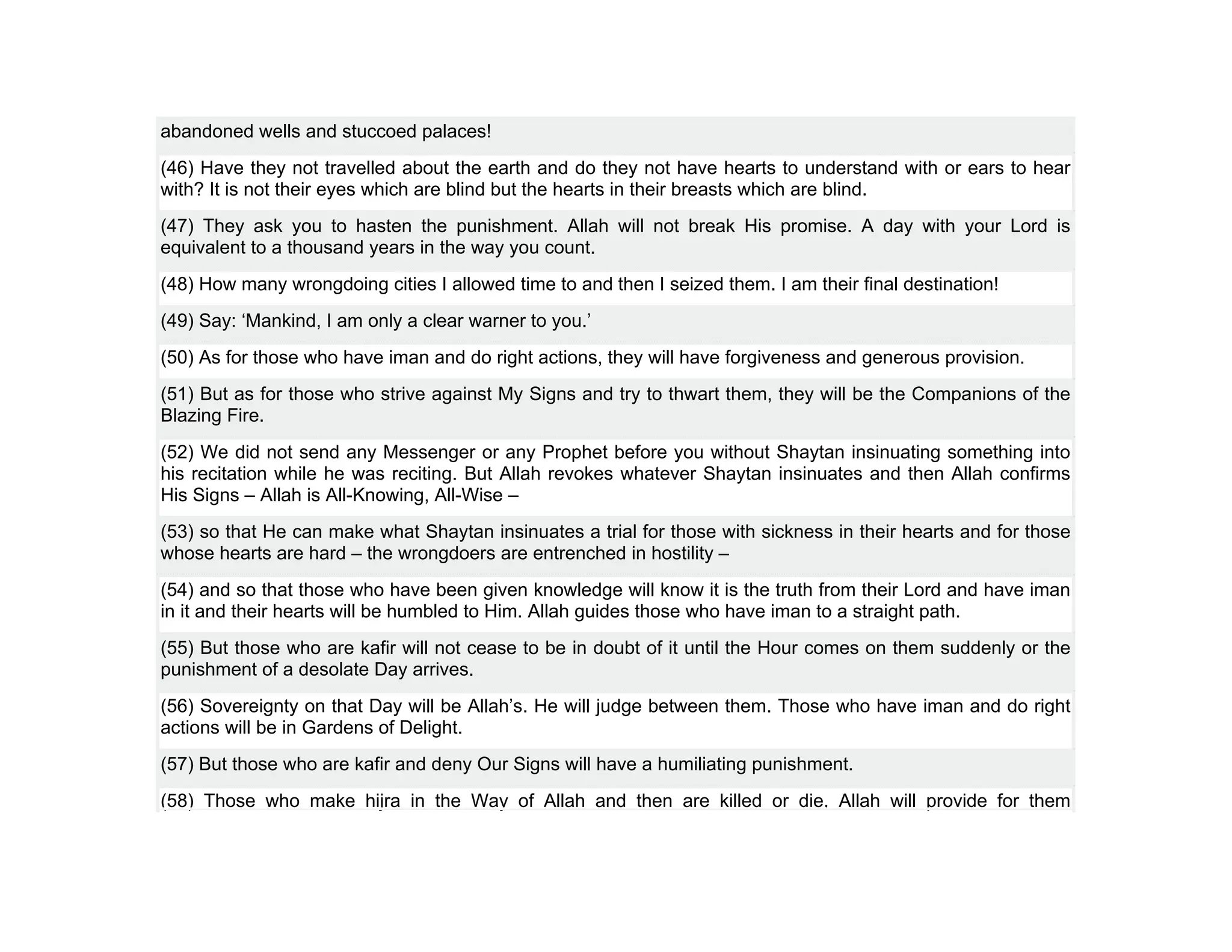 abandoned wells and stuccoed palaces!
(46) Have they not travelled about the earth and do they not have hearts to understand with or ears to hear
with? It is not their eyes which are blind but the hearts in their breasts which are blind.
(47) They ask you to hasten the punishment. Allah will not break His promise. A day with your Lord is
equivalent to a thousand years in the way you count.
(48) How many wrongdoing cities I allowed time to and then I seized them. I am their final destination!
(49) Say: ‘Mankind, I am only a clear warner to you.’
(50) As for those who have iman and do right actions, they will have forgiveness and generous provision.
(51) But as for those who strive against My Signs and try to thwart them, they will be the Companions of the
Blazing Fire.
(52) We did not send any Messenger or any Prophet before you without Shaytan insinuating something into
his recitation while he was reciting. But Allah revokes whatever Shaytan insinuates and then Allah confirms
His Signs – Allah is All-Knowing, All-Wise –
(53) so that He can make what Shaytan insinuates a trial for those with sickness in their hearts and for those
whose hearts are hard – the wrongdoers are entrenched in hostility –
(54) and so that those who have been given knowledge will know it is the truth from their Lord and have iman
in it and their hearts will be humbled to Him. Allah guides those who have iman to a straight path.
(55) But those who are kafir will not cease to be in doubt of it until the Hour comes on them suddenly or the
punishment of a desolate Day arrives.
(56) Sovereignty on that Day will be Allah’s. He will judge between them. Those who have iman and do right
actions will be in Gardens of Delight.
(57) But those who are kafir and deny Our Signs will have a humiliating punishment.
(58) Those who make hijra in the Way of Allah and then are killed or die, Allah will provide for them
 