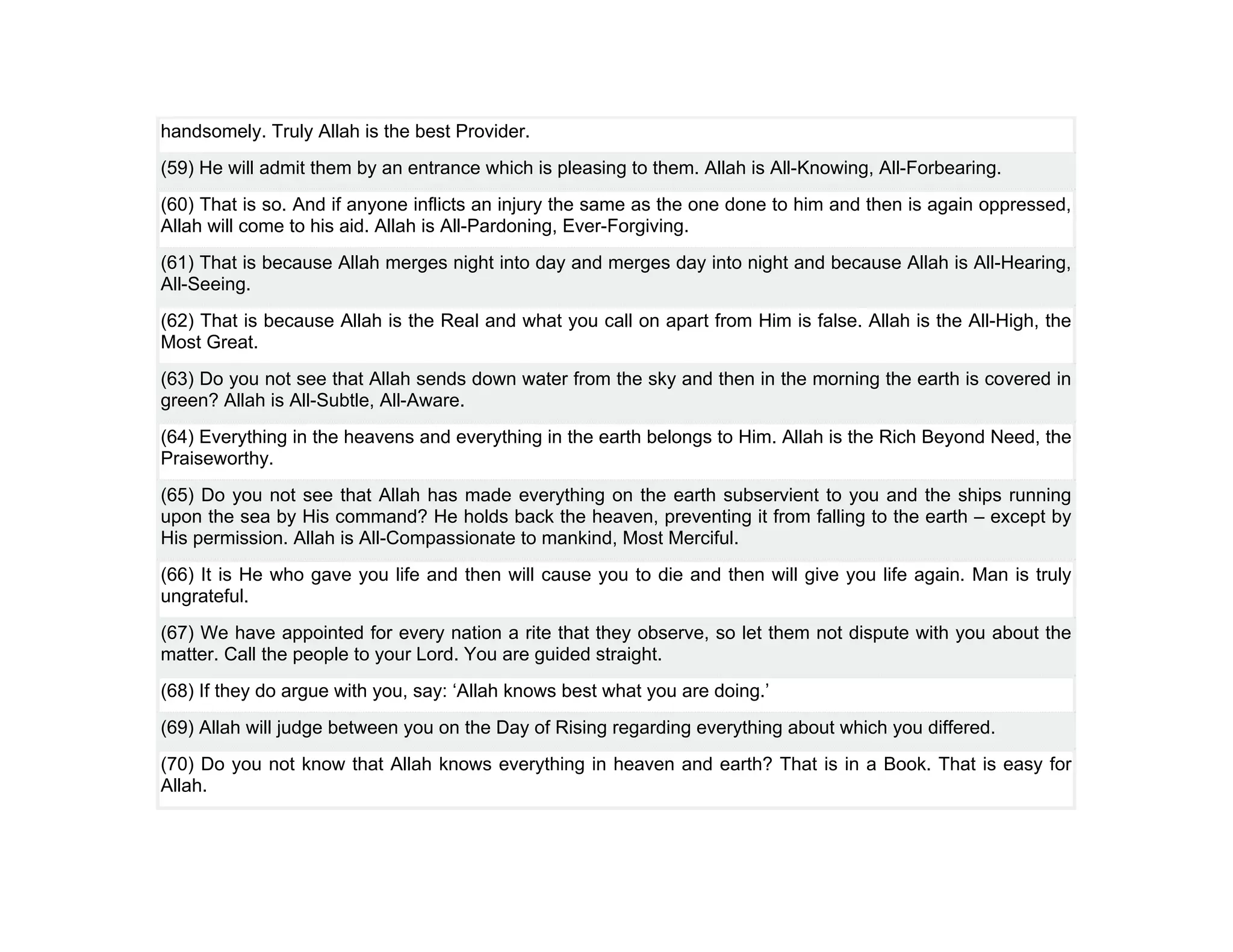 handsomely. Truly Allah is the best Provider.
(59) He will admit them by an entrance which is pleasing to them. Allah is All-Knowing, All-Forbearing.
(60) That is so. And if anyone inflicts an injury the same as the one done to him and then is again oppressed,
Allah will come to his aid. Allah is All-Pardoning, Ever-Forgiving.
(61) That is because Allah merges night into day and merges day into night and because Allah is All-Hearing,
All-Seeing.
(62) That is because Allah is the Real and what you call on apart from Him is false. Allah is the All-High, the
Most Great.
(63) Do you not see that Allah sends down water from the sky and then in the morning the earth is covered in
green? Allah is All-Subtle, All-Aware.
(64) Everything in the heavens and everything in the earth belongs to Him. Allah is the Rich Beyond Need, the
Praiseworthy.
(65) Do you not see that Allah has made everything on the earth subservient to you and the ships running
upon the sea by His command? He holds back the heaven, preventing it from falling to the earth – except by
His permission. Allah is All-Compassionate to mankind, Most Merciful.
(66) It is He who gave you life and then will cause you to die and then will give you life again. Man is truly
ungrateful.
(67) We have appointed for every nation a rite that they observe, so let them not dispute with you about the
matter. Call the people to your Lord. You are guided straight.
(68) If they do argue with you, say: ‘Allah knows best what you are doing.’
(69) Allah will judge between you on the Day of Rising regarding everything about which you differed.
(70) Do you not know that Allah knows everything in heaven and earth? That is in a Book. That is easy for
Allah.
 