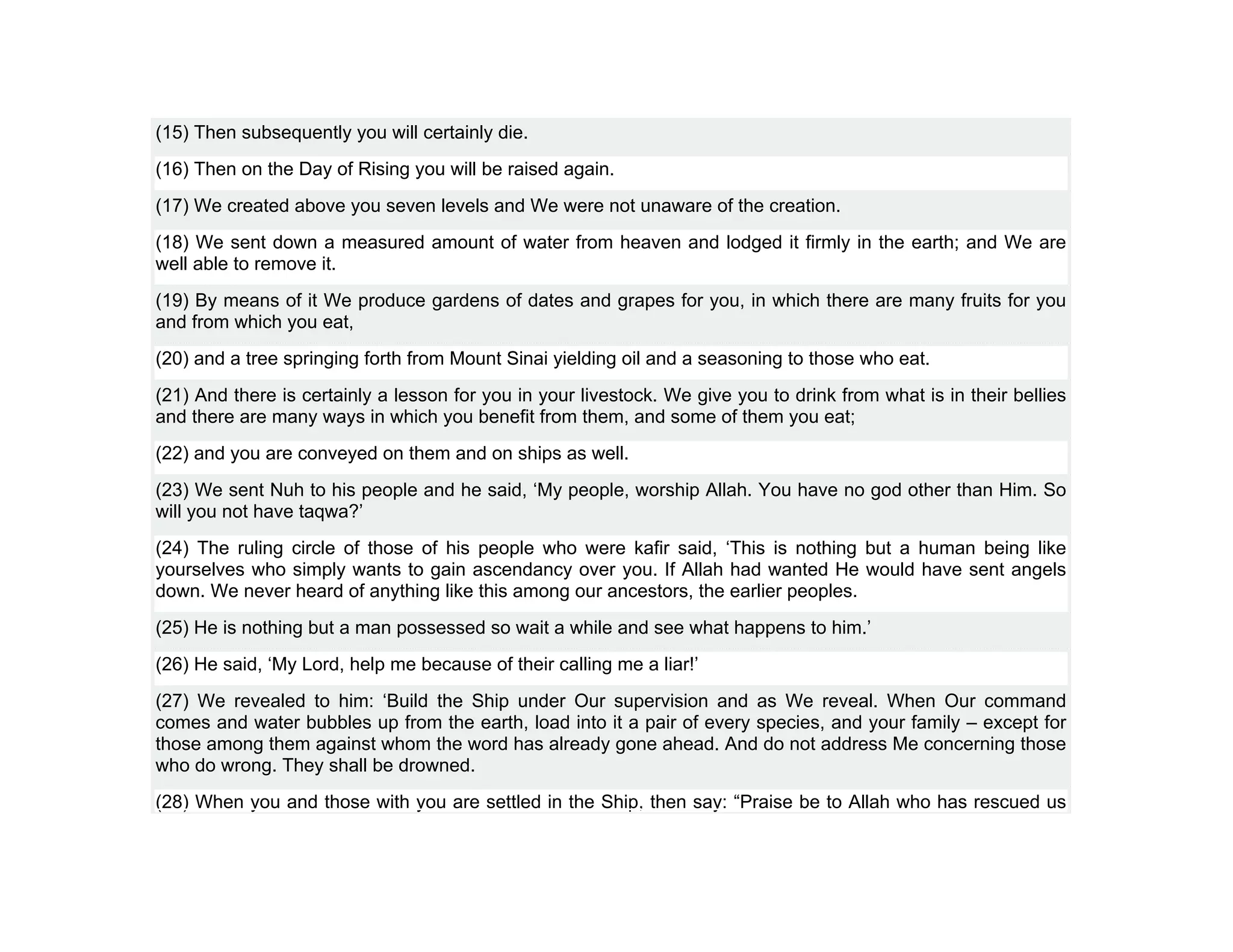 (15) Then subsequently you will certainly die.
(16) Then on the Day of Rising you will be raised again.
(17) We created above you seven levels and We were not unaware of the creation.
(18) We sent down a measured amount of water from heaven and lodged it firmly in the earth; and We are
well able to remove it.
(19) By means of it We produce gardens of dates and grapes for you, in which there are many fruits for you
and from which you eat,
(20) and a tree springing forth from Mount Sinai yielding oil and a seasoning to those who eat.
(21) And there is certainly a lesson for you in your livestock. We give you to drink from what is in their bellies
and there are many ways in which you benefit from them, and some of them you eat;
(22) and you are conveyed on them and on ships as well.
(23) We sent Nuh to his people and he said, ‘My people, worship Allah. You have no god other than Him. So
will you not have taqwa?’
(24) The ruling circle of those of his people who were kafir said, ‘This is nothing but a human being like
yourselves who simply wants to gain ascendancy over you. If Allah had wanted He would have sent angels
down. We never heard of anything like this among our ancestors, the earlier peoples.
(25) He is nothing but a man possessed so wait a while and see what happens to him.’
(26) He said, ‘My Lord, help me because of their calling me a liar!’
(27) We revealed to him: ‘Build the Ship under Our supervision and as We reveal. When Our command
comes and water bubbles up from the earth, load into it a pair of every species, and your family – except for
those among them against whom the word has already gone ahead. And do not address Me concerning those
who do wrong. They shall be drowned.
(28) When you and those with you are settled in the Ship, then say: “Praise be to Allah who has rescued us
 