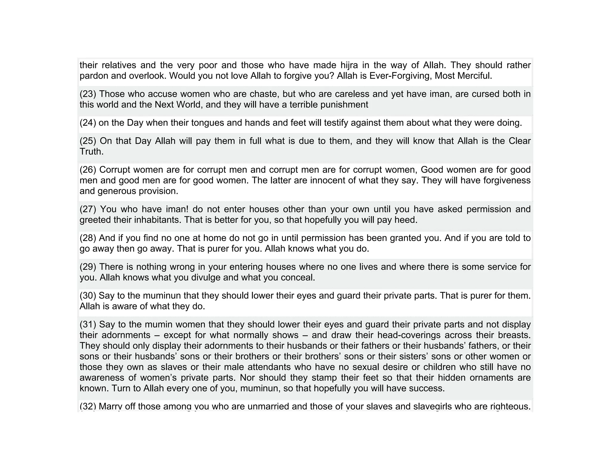their relatives and the very poor and those who have made hijra in the way of Allah. They should rather
pardon and overlook. Would you not love Allah to forgive you? Allah is Ever-Forgiving, Most Merciful.
(23) Those who accuse women who are chaste, but who are careless and yet have iman, are cursed both in
this world and the Next World, and they will have a terrible punishment
(24) on the Day when their tongues and hands and feet will testify against them about what they were doing.
(25) On that Day Allah will pay them in full what is due to them, and they will know that Allah is the Clear
Truth.
(26) Corrupt women are for corrupt men and corrupt men are for corrupt women, Good women are for good
men and good men are for good women. The latter are innocent of what they say. They will have forgiveness
and generous provision.
(27) You who have iman! do not enter houses other than your own until you have asked permission and
greeted their inhabitants. That is better for you, so that hopefully you will pay heed.
(28) And if you find no one at home do not go in until permission has been granted you. And if you are told to
go away then go away. That is purer for you. Allah knows what you do.
(29) There is nothing wrong in your entering houses where no one lives and where there is some service for
you. Allah knows what you divulge and what you conceal.
(30) Say to the muminun that they should lower their eyes and guard their private parts. That is purer for them.
Allah is aware of what they do.
(31) Say to the mumin women that they should lower their eyes and guard their private parts and not display
their adornments – except for what normally shows – and draw their head-coverings across their breasts.
They should only display their adornments to their husbands or their fathers or their husbands’ fathers, or their
sons or their husbands’ sons or their brothers or their brothers’ sons or their sisters’ sons or other women or
those they own as slaves or their male attendants who have no sexual desire or children who still have no
awareness of women’s private parts. Nor should they stamp their feet so that their hidden ornaments are
known. Turn to Allah every one of you, muminun, so that hopefully you will have success.
(32) Marry off those among you who are unmarried and those of your slaves and slavegirls who are righteous.
 
