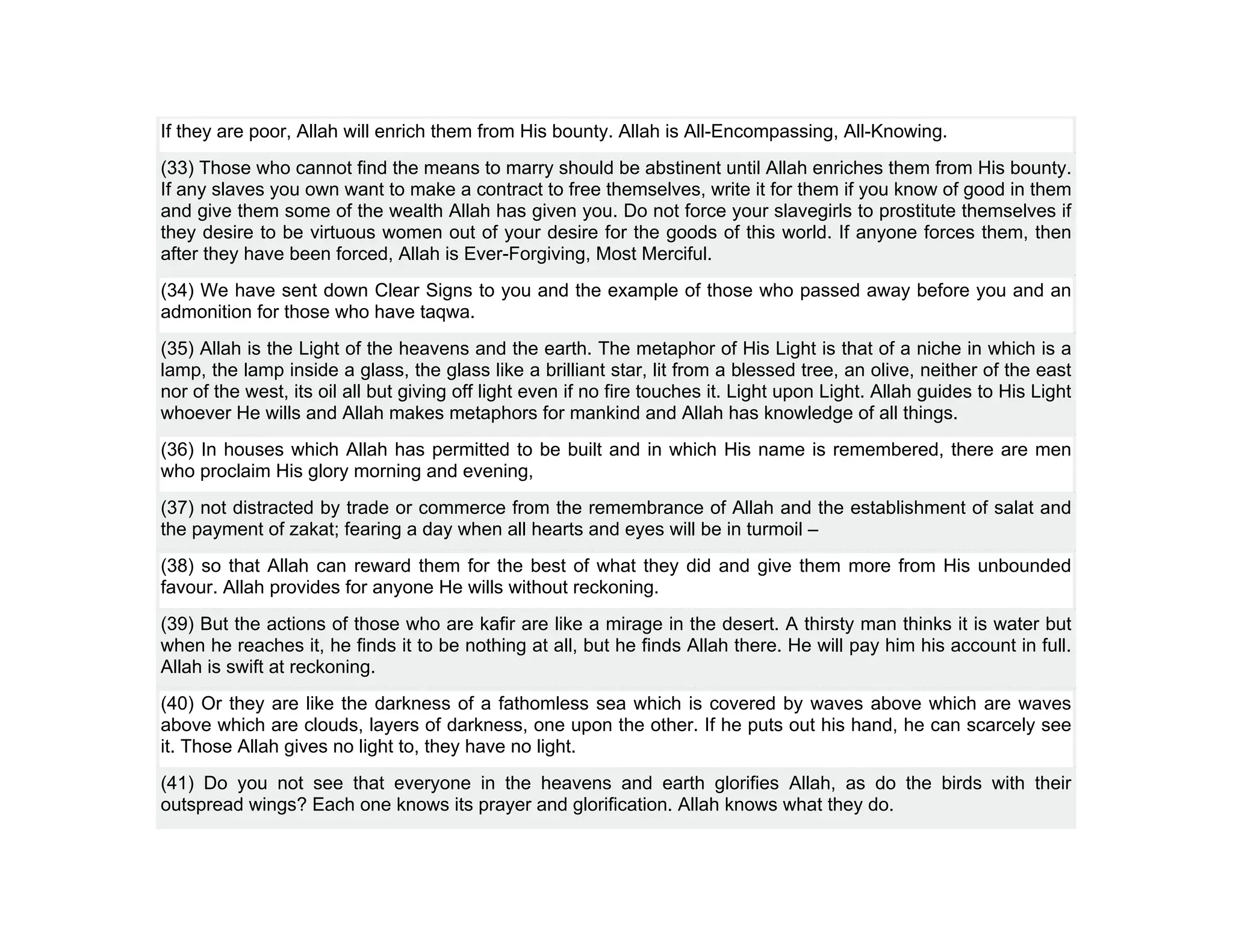 If they are poor, Allah will enrich them from His bounty. Allah is All-Encompassing, All-Knowing.
(33) Those who cannot find the means to marry should be abstinent until Allah enriches them from His bounty.
If any slaves you own want to make a contract to free themselves, write it for them if you know of good in them
and give them some of the wealth Allah has given you. Do not force your slavegirls to prostitute themselves if
they desire to be virtuous women out of your desire for the goods of this world. If anyone forces them, then
after they have been forced, Allah is Ever-Forgiving, Most Merciful.
(34) We have sent down Clear Signs to you and the example of those who passed away before you and an
admonition for those who have taqwa.
(35) Allah is the Light of the heavens and the earth. The metaphor of His Light is that of a niche in which is a
lamp, the lamp inside a glass, the glass like a brilliant star, lit from a blessed tree, an olive, neither of the east
nor of the west, its oil all but giving off light even if no fire touches it. Light upon Light. Allah guides to His Light
whoever He wills and Allah makes metaphors for mankind and Allah has knowledge of all things.
(36) In houses which Allah has permitted to be built and in which His name is remembered, there are men
who proclaim His glory morning and evening,
(37) not distracted by trade or commerce from the remembrance of Allah and the establishment of salat and
the payment of zakat; fearing a day when all hearts and eyes will be in turmoil –
(38) so that Allah can reward them for the best of what they did and give them more from His unbounded
favour. Allah provides for anyone He wills without reckoning.
(39) But the actions of those who are kafir are like a mirage in the desert. A thirsty man thinks it is water but
when he reaches it, he finds it to be nothing at all, but he finds Allah there. He will pay him his account in full.
Allah is swift at reckoning.
(40) Or they are like the darkness of a fathomless sea which is covered by waves above which are waves
above which are clouds, layers of darkness, one upon the other. If he puts out his hand, he can scarcely see
it. Those Allah gives no light to, they have no light.
(41) Do you not see that everyone in the heavens and earth glorifies Allah, as do the birds with their
outspread wings? Each one knows its prayer and glorification. Allah knows what they do.
 