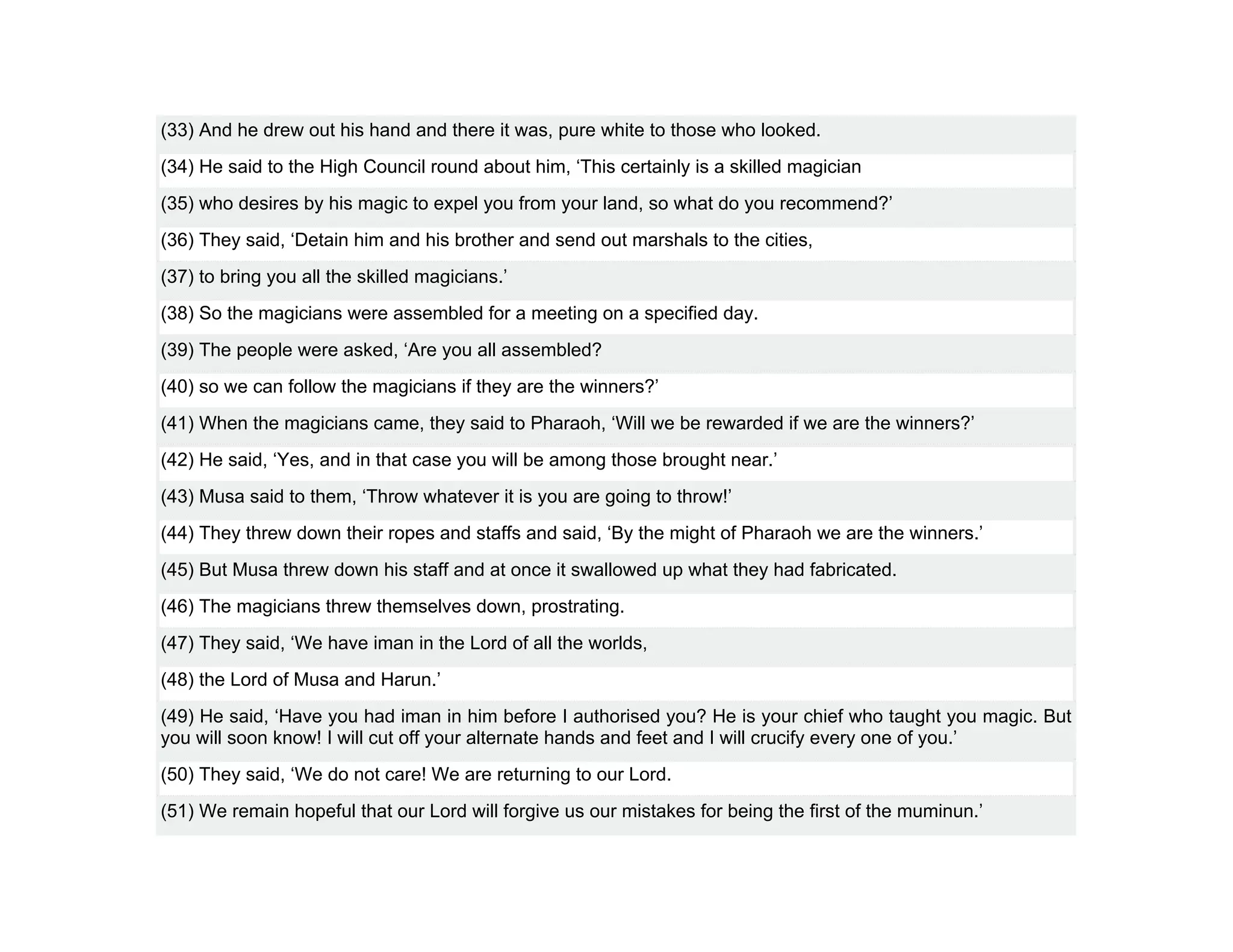 (33) And he drew out his hand and there it was, pure white to those who looked.
(34) He said to the High Council round about him, ‘This certainly is a skilled magician
(35) who desires by his magic to expel you from your land, so what do you recommend?’
(36) They said, ‘Detain him and his brother and send out marshals to the cities,
(37) to bring you all the skilled magicians.’
(38) So the magicians were assembled for a meeting on a specified day.
(39) The people were asked, ‘Are you all assembled?
(40) so we can follow the magicians if they are the winners?’
(41) When the magicians came, they said to Pharaoh, ‘Will we be rewarded if we are the winners?’
(42) He said, ‘Yes, and in that case you will be among those brought near.’
(43) Musa said to them, ‘Throw whatever it is you are going to throw!’
(44) They threw down their ropes and staffs and said, ‘By the might of Pharaoh we are the winners.’
(45) But Musa threw down his staff and at once it swallowed up what they had fabricated.
(46) The magicians threw themselves down, prostrating.
(47) They said, ‘We have iman in the Lord of all the worlds,
(48) the Lord of Musa and Harun.’
(49) He said, ‘Have you had iman in him before I authorised you? He is your chief who taught you magic. But
you will soon know! I will cut off your alternate hands and feet and I will crucify every one of you.’
(50) They said, ‘We do not care! We are returning to our Lord.
(51) We remain hopeful that our Lord will forgive us our mistakes for being the first of the muminun.’
 