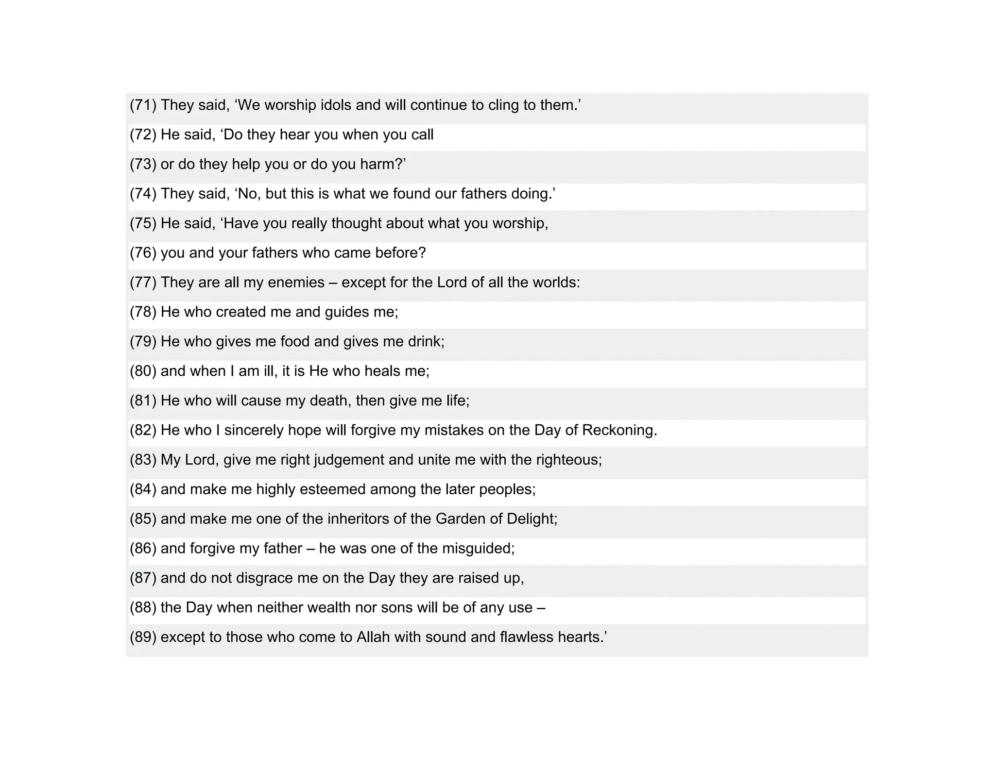 (71) They said, ‘We worship idols and will continue to cling to them.’
(72) He said, ‘Do they hear you when you call
(73) or do they help you or do you harm?’
(74) They said, ‘No, but this is what we found our fathers doing.’
(75) He said, ‘Have you really thought about what you worship,
(76) you and your fathers who came before?
(77) They are all my enemies – except for the Lord of all the worlds:
(78) He who created me and guides me;
(79) He who gives me food and gives me drink;
(80) and when I am ill, it is He who heals me;
(81) He who will cause my death, then give me life;
(82) He who I sincerely hope will forgive my mistakes on the Day of Reckoning.
(83) My Lord, give me right judgement and unite me with the righteous;
(84) and make me highly esteemed among the later peoples;
(85) and make me one of the inheritors of the Garden of Delight;
(86) and forgive my father – he was one of the misguided;
(87) and do not disgrace me on the Day they are raised up,
(88) the Day when neither wealth nor sons will be of any use –
(89) except to those who come to Allah with sound and flawless hearts.’
 