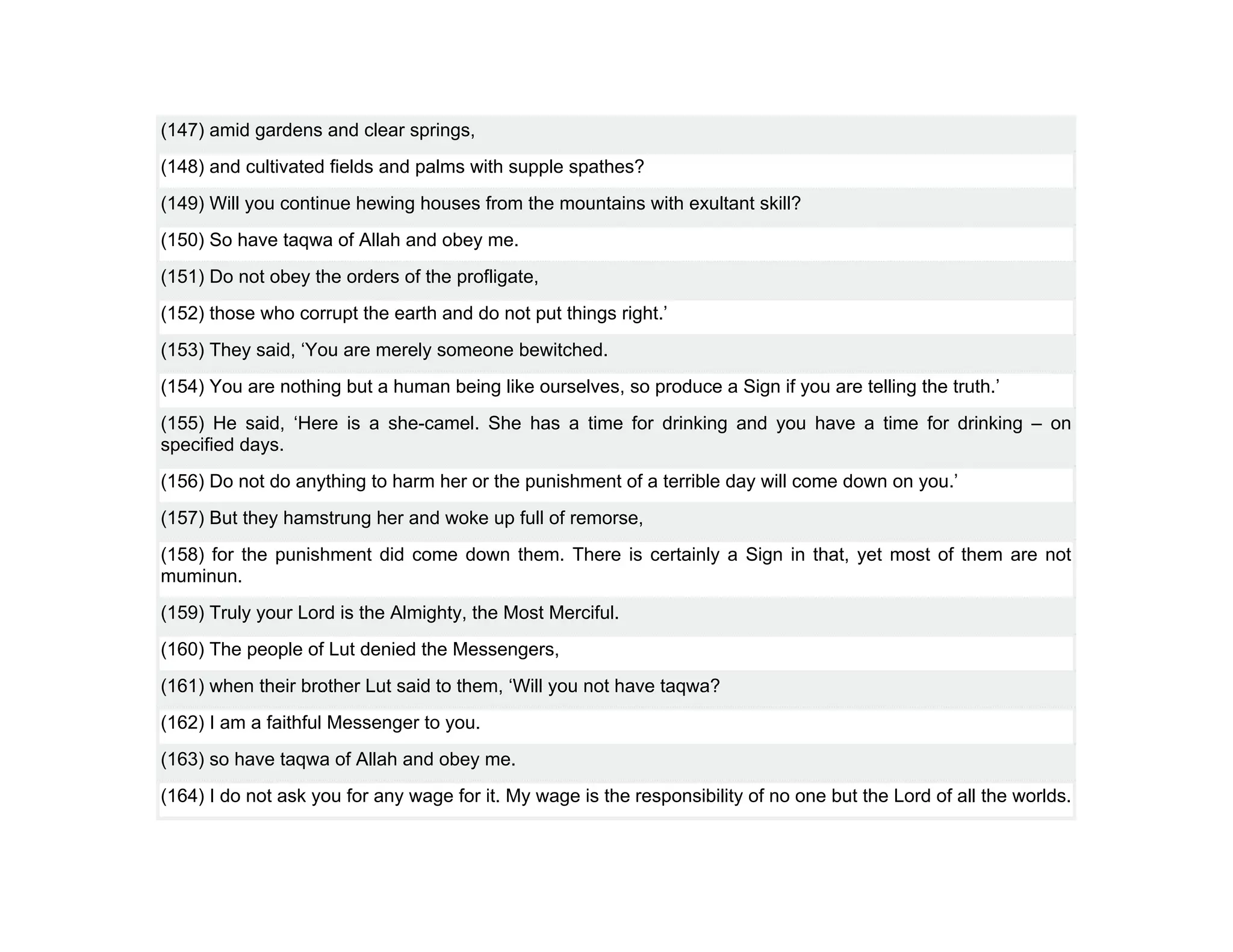 (147) amid gardens and clear springs,
(148) and cultivated fields and palms with supple spathes?
(149) Will you continue hewing houses from the mountains with exultant skill?
(150) So have taqwa of Allah and obey me.
(151) Do not obey the orders of the profligate,
(152) those who corrupt the earth and do not put things right.’
(153) They said, ‘You are merely someone bewitched.
(154) You are nothing but a human being like ourselves, so produce a Sign if you are telling the truth.’
(155) He said, ‘Here is a she-camel. She has a time for drinking and you have a time for drinking – on
specified days.
(156) Do not do anything to harm her or the punishment of a terrible day will come down on you.’
(157) But they hamstrung her and woke up full of remorse,
(158) for the punishment did come down them. There is certainly a Sign in that, yet most of them are not
muminun.
(159) Truly your Lord is the Almighty, the Most Merciful.
(160) The people of Lut denied the Messengers,
(161) when their brother Lut said to them, ‘Will you not have taqwa?
(162) I am a faithful Messenger to you.
(163) so have taqwa of Allah and obey me.
(164) I do not ask you for any wage for it. My wage is the responsibility of no one but the Lord of all the worlds.
 