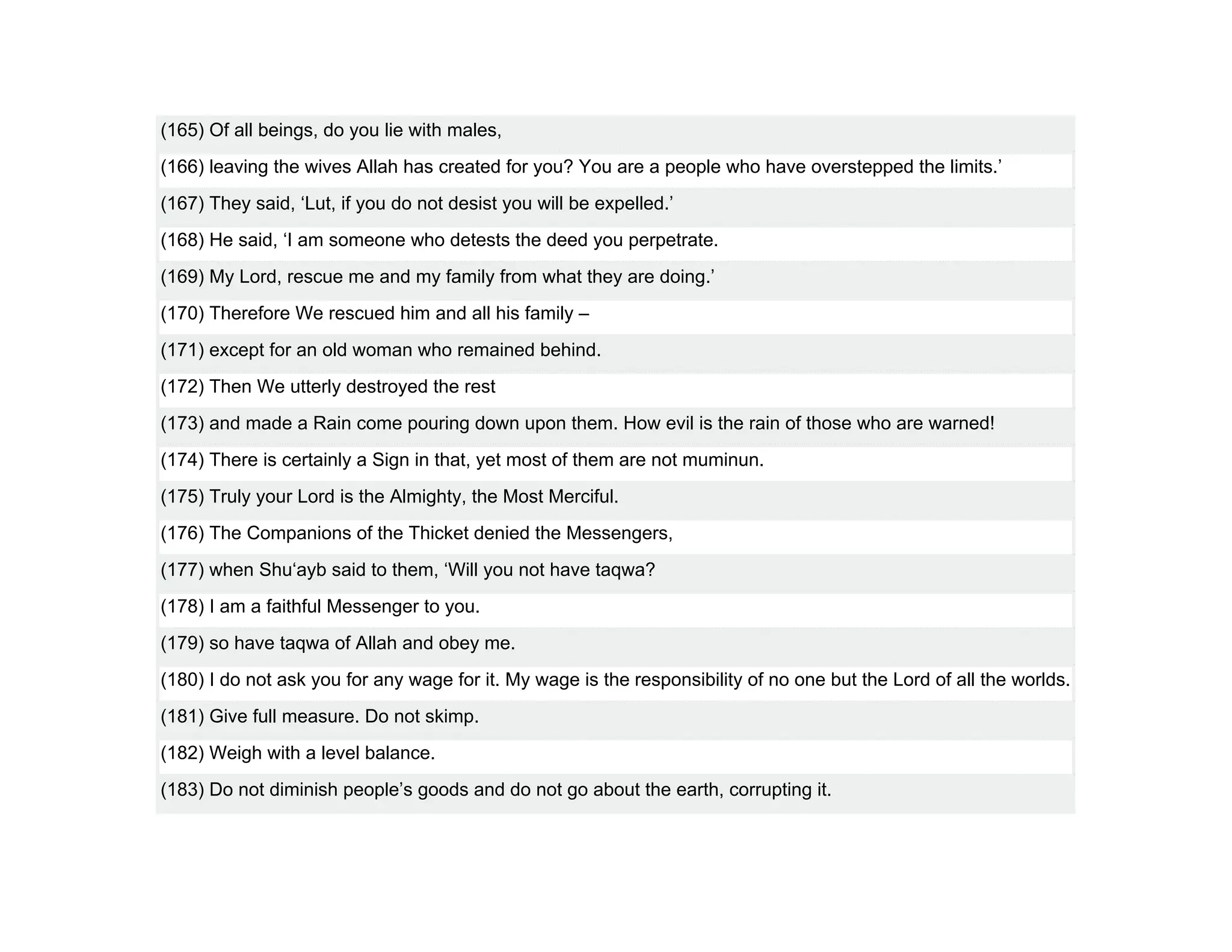 (165) Of all beings, do you lie with males,
(166) leaving the wives Allah has created for you? You are a people who have overstepped the limits.’
(167) They said, ‘Lut, if you do not desist you will be expelled.’
(168) He said, ‘I am someone who detests the deed you perpetrate.
(169) My Lord, rescue me and my family from what they are doing.’
(170) Therefore We rescued him and all his family –
(171) except for an old woman who remained behind.
(172) Then We utterly destroyed the rest
(173) and made a Rain come pouring down upon them. How evil is the rain of those who are warned!
(174) There is certainly a Sign in that, yet most of them are not muminun.
(175) Truly your Lord is the Almighty, the Most Merciful.
(176) The Companions of the Thicket denied the Messengers,
(177) when Shu‘ayb said to them, ‘Will you not have taqwa?
(178) I am a faithful Messenger to you.
(179) so have taqwa of Allah and obey me.
(180) I do not ask you for any wage for it. My wage is the responsibility of no one but the Lord of all the worlds.
(181) Give full measure. Do not skimp.
(182) Weigh with a level balance.
(183) Do not diminish people’s goods and do not go about the earth, corrupting it.
 