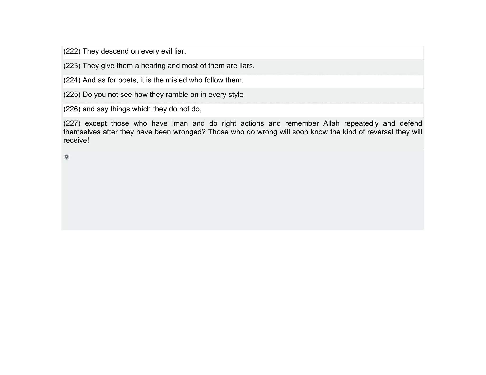 (222) They descend on every evil liar.
(223) They give them a hearing and most of them are liars.
(224) And as for poets, it is the misled who follow them.
(225) Do you not see how they ramble on in every style
(226) and say things which they do not do,
(227) except those who have iman and do right actions and remember Allah repeatedly and defend
themselves after they have been wronged? Those who do wrong will soon know the kind of reversal they will
receive!
 