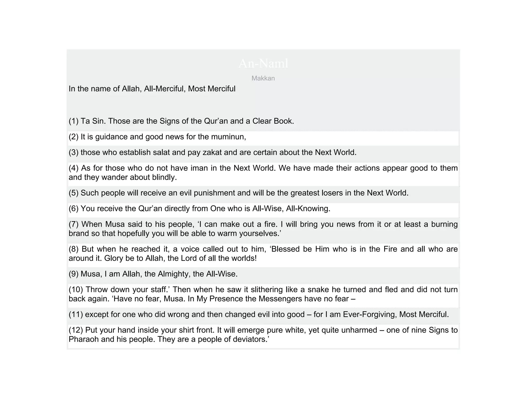 An-Naml
                                                     Makkan
In the name of Allah, All-Merciful, Most Merciful



(1) Ta Sin. Those are the Signs of the Qur’an and a Clear Book.
(2) It is guidance and good news for the muminun,
(3) those who establish salat and pay zakat and are certain about the Next World.
(4) As for those who do not have iman in the Next World. We have made their actions appear good to them
and they wander about blindly.
(5) Such people will receive an evil punishment and will be the greatest losers in the Next World.
(6) You receive the Qur’an directly from One who is All-Wise, All-Knowing.
(7) When Musa said to his people, ‘I can make out a fire. I will bring you news from it or at least a burning
brand so that hopefully you will be able to warm yourselves.’
(8) But when he reached it, a voice called out to him, ‘Blessed be Him who is in the Fire and all who are
around it. Glory be to Allah, the Lord of all the worlds!
(9) Musa, I am Allah, the Almighty, the All-Wise.
(10) Throw down your staff.’ Then when he saw it slithering like a snake he turned and fled and did not turn
back again. ‘Have no fear, Musa. In My Presence the Messengers have no fear –
(11) except for one who did wrong and then changed evil into good – for I am Ever-Forgiving, Most Merciful.
(12) Put your hand inside your shirt front. It will emerge pure white, yet quite unharmed – one of nine Signs to
Pharaoh and his people. They are a people of deviators.’
 