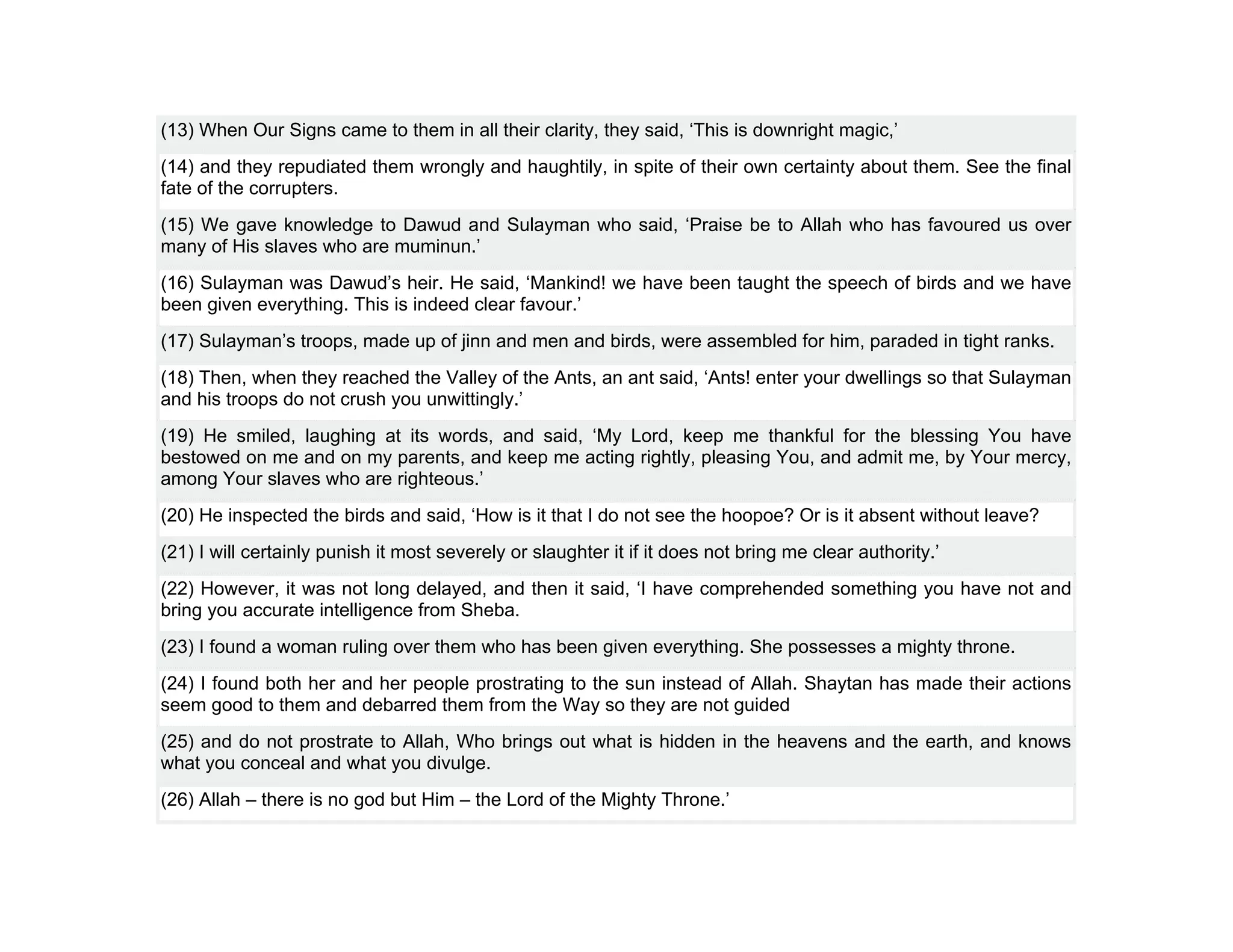 (13) When Our Signs came to them in all their clarity, they said, ‘This is downright magic,’
(14) and they repudiated them wrongly and haughtily, in spite of their own certainty about them. See the final
fate of the corrupters.
(15) We gave knowledge to Dawud and Sulayman who said, ‘Praise be to Allah who has favoured us over
many of His slaves who are muminun.’
(16) Sulayman was Dawud’s heir. He said, ‘Mankind! we have been taught the speech of birds and we have
been given everything. This is indeed clear favour.’
(17) Sulayman’s troops, made up of jinn and men and birds, were assembled for him, paraded in tight ranks.
(18) Then, when they reached the Valley of the Ants, an ant said, ‘Ants! enter your dwellings so that Sulayman
and his troops do not crush you unwittingly.’
(19) He smiled, laughing at its words, and said, ‘My Lord, keep me thankful for the blessing You have
bestowed on me and on my parents, and keep me acting rightly, pleasing You, and admit me, by Your mercy,
among Your slaves who are righteous.’
(20) He inspected the birds and said, ‘How is it that I do not see the hoopoe? Or is it absent without leave?
(21) I will certainly punish it most severely or slaughter it if it does not bring me clear authority.’
(22) However, it was not long delayed, and then it said, ‘I have comprehended something you have not and
bring you accurate intelligence from Sheba.
(23) I found a woman ruling over them who has been given everything. She possesses a mighty throne.
(24) I found both her and her people prostrating to the sun instead of Allah. Shaytan has made their actions
seem good to them and debarred them from the Way so they are not guided
(25) and do not prostrate to Allah, Who brings out what is hidden in the heavens and the earth, and knows
what you conceal and what you divulge.
(26) Allah – there is no god but Him – the Lord of the Mighty Throne.’
 