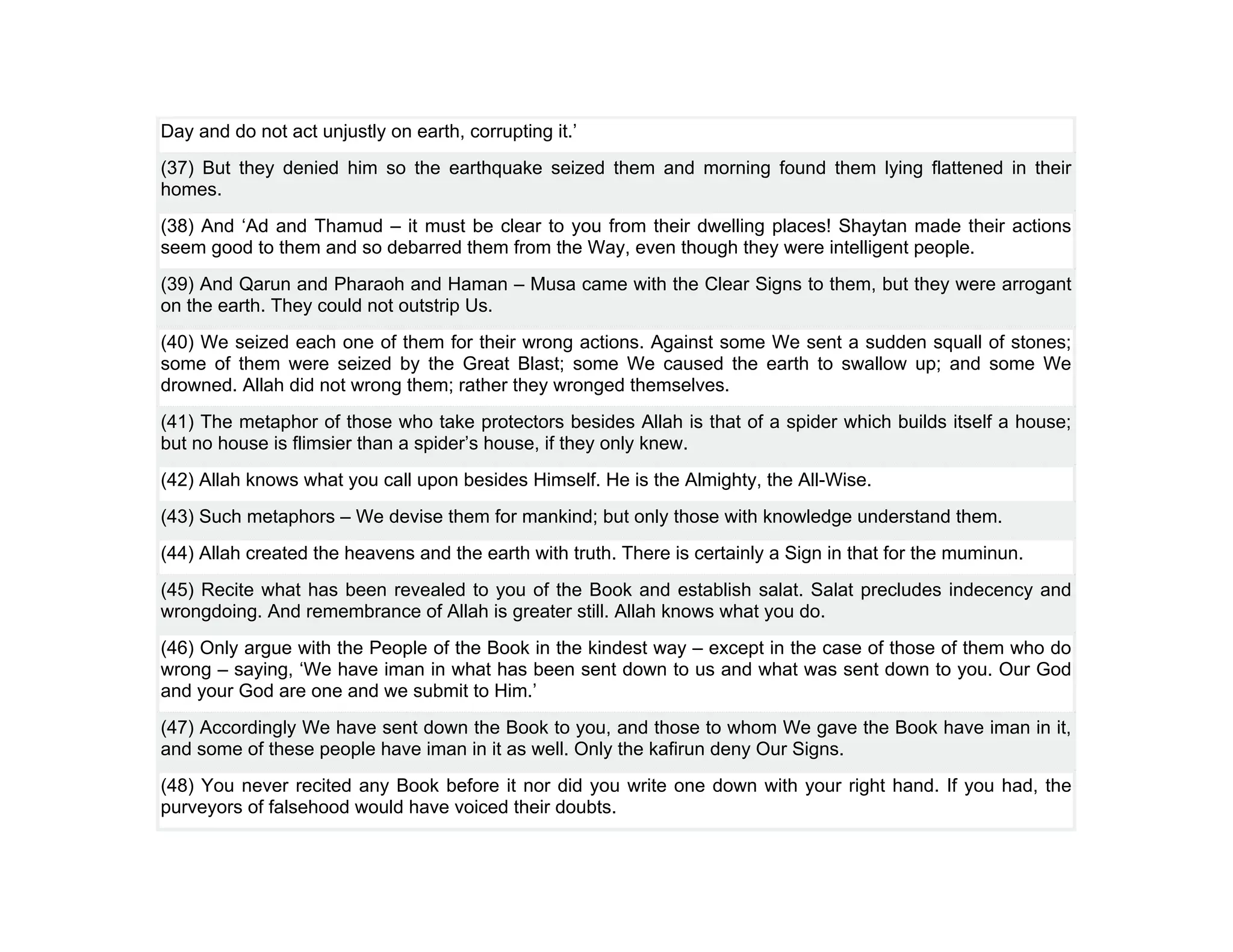 Day and do not act unjustly on earth, corrupting it.’
(37) But they denied him so the earthquake seized them and morning found them lying flattened in their
homes.
(38) And ‘Ad and Thamud – it must be clear to you from their dwelling places! Shaytan made their actions
seem good to them and so debarred them from the Way, even though they were intelligent people.
(39) And Qarun and Pharaoh and Haman – Musa came with the Clear Signs to them, but they were arrogant
on the earth. They could not outstrip Us.
(40) We seized each one of them for their wrong actions. Against some We sent a sudden squall of stones;
some of them were seized by the Great Blast; some We caused the earth to swallow up; and some We
drowned. Allah did not wrong them; rather they wronged themselves.
(41) The metaphor of those who take protectors besides Allah is that of a spider which builds itself a house;
but no house is flimsier than a spider’s house, if they only knew.
(42) Allah knows what you call upon besides Himself. He is the Almighty, the All-Wise.
(43) Such metaphors – We devise them for mankind; but only those with knowledge understand them.
(44) Allah created the heavens and the earth with truth. There is certainly a Sign in that for the muminun.
(45) Recite what has been revealed to you of the Book and establish salat. Salat precludes indecency and
wrongdoing. And remembrance of Allah is greater still. Allah knows what you do.
(46) Only argue with the People of the Book in the kindest way – except in the case of those of them who do
wrong – saying, ‘We have iman in what has been sent down to us and what was sent down to you. Our God
and your God are one and we submit to Him.’
(47) Accordingly We have sent down the Book to you, and those to whom We gave the Book have iman in it,
and some of these people have iman in it as well. Only the kafirun deny Our Signs.
(48) You never recited any Book before it nor did you write one down with your right hand. If you had, the
purveyors of falsehood would have voiced their doubts.
 
