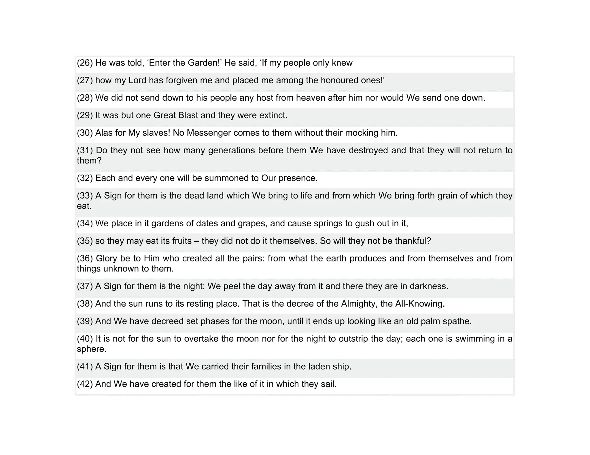 (26) He was told, ‘Enter the Garden!’ He said, ‘If my people only knew
(27) how my Lord has forgiven me and placed me among the honoured ones!’
(28) We did not send down to his people any host from heaven after him nor would We send one down.
(29) It was but one Great Blast and they were extinct.
(30) Alas for My slaves! No Messenger comes to them without their mocking him.
(31) Do they not see how many generations before them We have destroyed and that they will not return to
them?
(32) Each and every one will be summoned to Our presence.
(33) A Sign for them is the dead land which We bring to life and from which We bring forth grain of which they
eat.
(34) We place in it gardens of dates and grapes, and cause springs to gush out in it,
(35) so they may eat its fruits – they did not do it themselves. So will they not be thankful?
(36) Glory be to Him who created all the pairs: from what the earth produces and from themselves and from
things unknown to them.
(37) A Sign for them is the night: We peel the day away from it and there they are in darkness.
(38) And the sun runs to its resting place. That is the decree of the Almighty, the All-Knowing.
(39) And We have decreed set phases for the moon, until it ends up looking like an old palm spathe.
(40) It is not for the sun to overtake the moon nor for the night to outstrip the day; each one is swimming in a
sphere.
(41) A Sign for them is that We carried their families in the laden ship.
(42) And We have created for them the like of it in which they sail.
 
