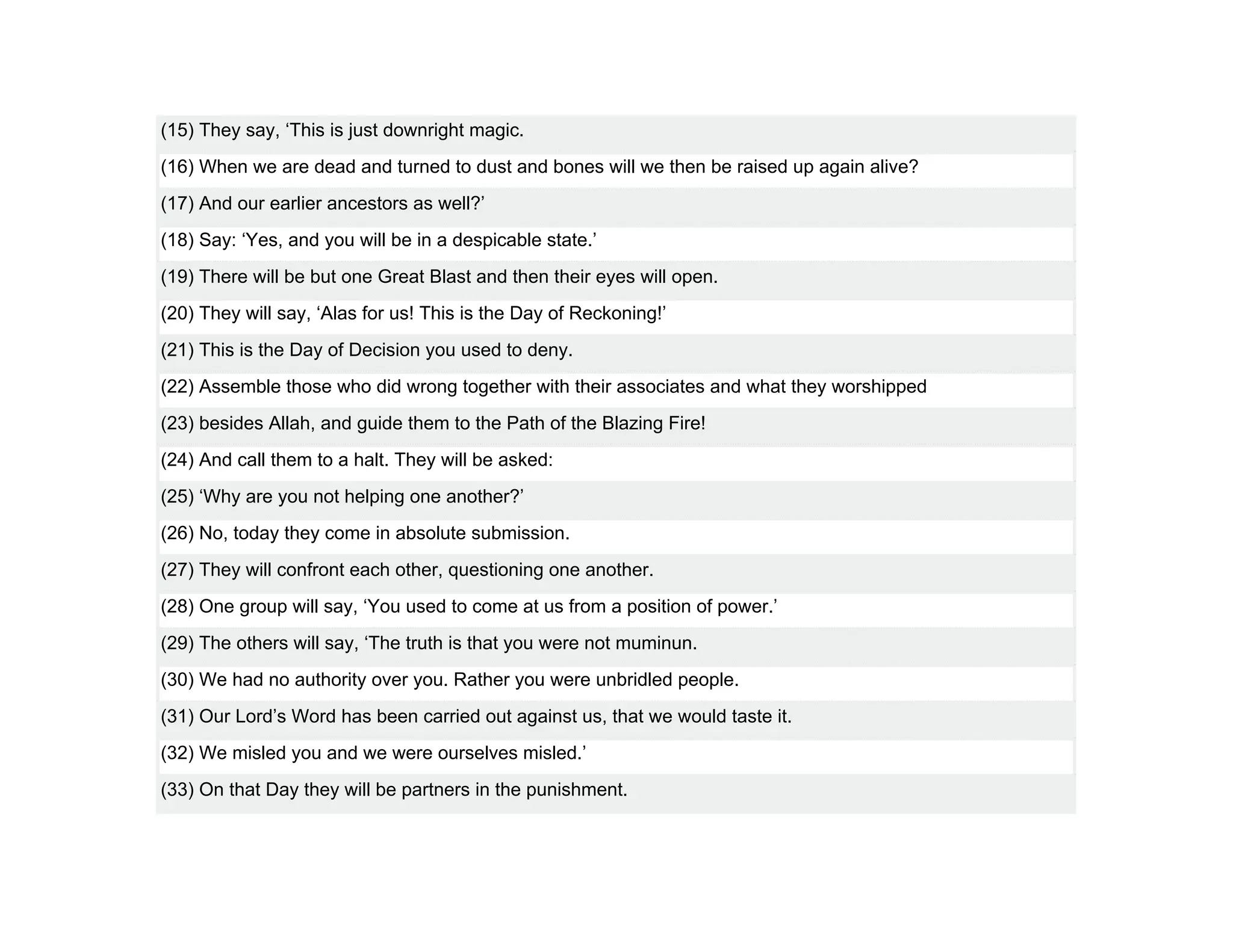 (15) They say, ‘This is just downright magic.
(16) When we are dead and turned to dust and bones will we then be raised up again alive?
(17) And our earlier ancestors as well?’
(18) Say: ‘Yes, and you will be in a despicable state.’
(19) There will be but one Great Blast and then their eyes will open.
(20) They will say, ‘Alas for us! This is the Day of Reckoning!’
(21) This is the Day of Decision you used to deny.
(22) Assemble those who did wrong together with their associates and what they worshipped
(23) besides Allah, and guide them to the Path of the Blazing Fire!
(24) And call them to a halt. They will be asked:
(25) ‘Why are you not helping one another?’
(26) No, today they come in absolute submission.
(27) They will confront each other, questioning one another.
(28) One group will say, ‘You used to come at us from a position of power.’
(29) The others will say, ‘The truth is that you were not muminun.
(30) We had no authority over you. Rather you were unbridled people.
(31) Our Lord’s Word has been carried out against us, that we would taste it.
(32) We misled you and we were ourselves misled.’
(33) On that Day they will be partners in the punishment.
 