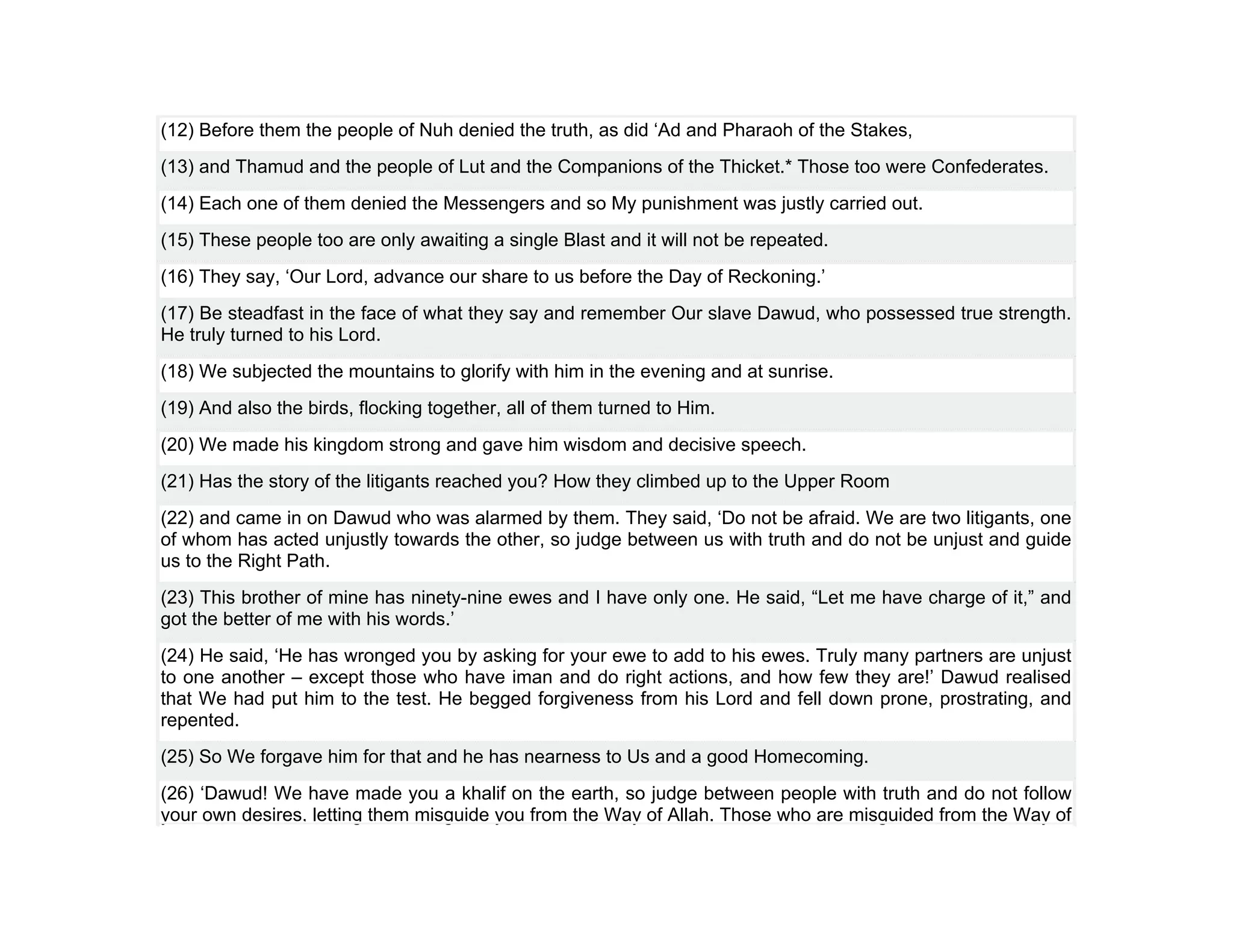 (12) Before them the people of Nuh denied the truth, as did ‘Ad and Pharaoh of the Stakes,
(13) and Thamud and the people of Lut and the Companions of the Thicket.* Those too were Confederates.
(14) Each one of them denied the Messengers and so My punishment was justly carried out.
(15) These people too are only awaiting a single Blast and it will not be repeated.
(16) They say, ‘Our Lord, advance our share to us before the Day of Reckoning.’
(17) Be steadfast in the face of what they say and remember Our slave Dawud, who possessed true strength.
He truly turned to his Lord.
(18) We subjected the mountains to glorify with him in the evening and at sunrise.
(19) And also the birds, flocking together, all of them turned to Him.
(20) We made his kingdom strong and gave him wisdom and decisive speech.
(21) Has the story of the litigants reached you? How they climbed up to the Upper Room
(22) and came in on Dawud who was alarmed by them. They said, ‘Do not be afraid. We are two litigants, one
of whom has acted unjustly towards the other, so judge between us with truth and do not be unjust and guide
us to the Right Path.
(23) This brother of mine has ninety-nine ewes and I have only one. He said, “Let me have charge of it,” and
got the better of me with his words.’
(24) He said, ‘He has wronged you by asking for your ewe to add to his ewes. Truly many partners are unjust
to one another – except those who have iman and do right actions, and how few they are!’ Dawud realised
that We had put him to the test. He begged forgiveness from his Lord and fell down prone, prostrating, and
repented.
(25) So We forgave him for that and he has nearness to Us and a good Homecoming.
(26) ‘Dawud! We have made you a khalif on the earth, so judge between people with truth and do not follow
your own desires, letting them misguide you from the Way of Allah. Those who are misguided from the Way of
 