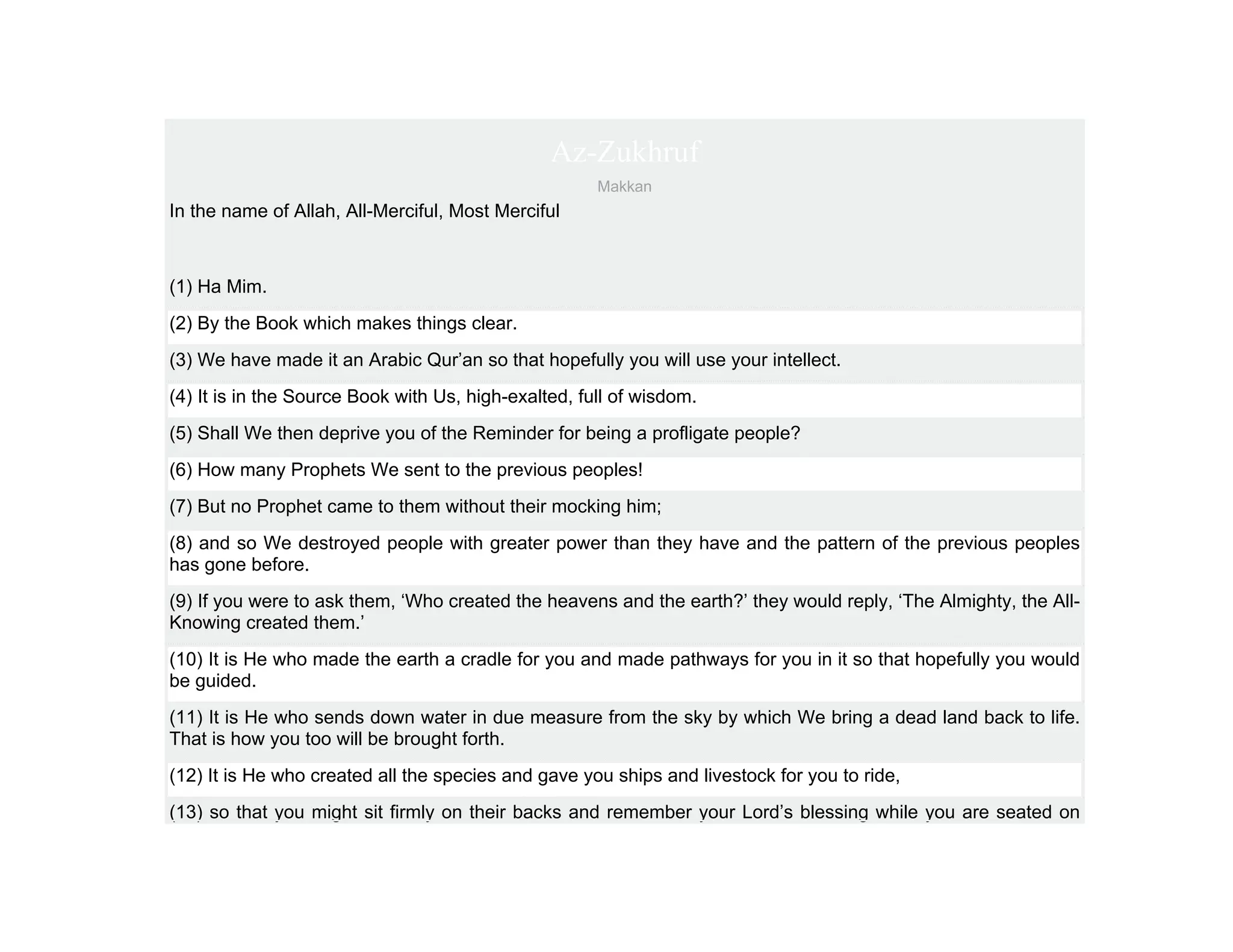 Az-Zukhruf
                                                      Makkan
In the name of Allah, All-Merciful, Most Merciful



(1) Ha Mim.
(2) By the Book which makes things clear.
(3) We have made it an Arabic Qur’an so that hopefully you will use your intellect.
(4) It is in the Source Book with Us, high-exalted, full of wisdom.
(5) Shall We then deprive you of the Reminder for being a profligate people?
(6) How many Prophets We sent to the previous peoples!
(7) But no Prophet came to them without their mocking him;
(8) and so We destroyed people with greater power than they have and the pattern of the previous peoples
has gone before.
(9) If you were to ask them, ‘Who created the heavens and the earth?’ they would reply, ‘The Almighty, the All-
Knowing created them.’
(10) It is He who made the earth a cradle for you and made pathways for you in it so that hopefully you would
be guided.
(11) It is He who sends down water in due measure from the sky by which We bring a dead land back to life.
That is how you too will be brought forth.
(12) It is He who created all the species and gave you ships and livestock for you to ride,
(13) so that you might sit firmly on their backs and remember your Lord’s blessing while you are seated on
 
