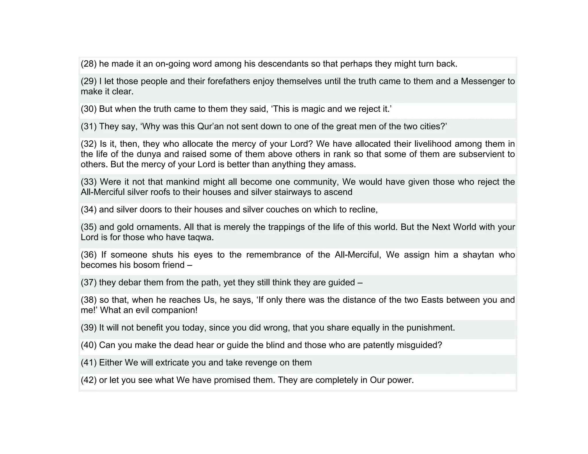 (28) he made it an on-going word among his descendants so that perhaps they might turn back.
(29) I let those people and their forefathers enjoy themselves until the truth came to them and a Messenger to
make it clear.
(30) But when the truth came to them they said, ‘This is magic and we reject it.’
(31) They say, ‘Why was this Qur’an not sent down to one of the great men of the two cities?’
(32) Is it, then, they who allocate the mercy of your Lord? We have allocated their livelihood among them in
the life of the dunya and raised some of them above others in rank so that some of them are subservient to
others. But the mercy of your Lord is better than anything they amass.
(33) Were it not that mankind might all become one community, We would have given those who reject the
All-Merciful silver roofs to their houses and silver stairways to ascend
(34) and silver doors to their houses and silver couches on which to recline,
(35) and gold ornaments. All that is merely the trappings of the life of this world. But the Next World with your
Lord is for those who have taqwa.
(36) If someone shuts his eyes to the remembrance of the All-Merciful, We assign him a shaytan who
becomes his bosom friend –
(37) they debar them from the path, yet they still think they are guided –
(38) so that, when he reaches Us, he says, ‘If only there was the distance of the two Easts between you and
me!’ What an evil companion!
(39) It will not benefit you today, since you did wrong, that you share equally in the punishment.
(40) Can you make the dead hear or guide the blind and those who are patently misguided?
(41) Either We will extricate you and take revenge on them
(42) or let you see what We have promised them. They are completely in Our power.
 