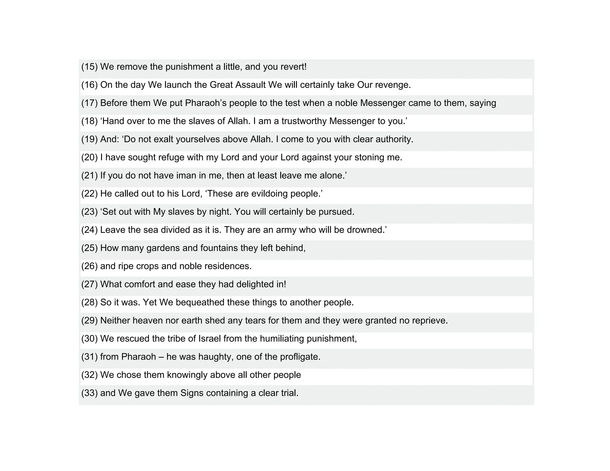 (15) We remove the punishment a little, and you revert!
(16) On the day We launch the Great Assault We will certainly take Our revenge.
(17) Before them We put Pharaoh’s people to the test when a noble Messenger came to them, saying
(18) ‘Hand over to me the slaves of Allah. I am a trustworthy Messenger to you.’
(19) And: ‘Do not exalt yourselves above Allah. I come to you with clear authority.
(20) I have sought refuge with my Lord and your Lord against your stoning me.
(21) If you do not have iman in me, then at least leave me alone.’
(22) He called out to his Lord, ‘These are evildoing people.’
(23) ‘Set out with My slaves by night. You will certainly be pursued.
(24) Leave the sea divided as it is. They are an army who will be drowned.’
(25) How many gardens and fountains they left behind,
(26) and ripe crops and noble residences.
(27) What comfort and ease they had delighted in!
(28) So it was. Yet We bequeathed these things to another people.
(29) Neither heaven nor earth shed any tears for them and they were granted no reprieve.
(30) We rescued the tribe of Israel from the humiliating punishment,
(31) from Pharaoh – he was haughty, one of the profligate.
(32) We chose them knowingly above all other people
(33) and We gave them Signs containing a clear trial.
 