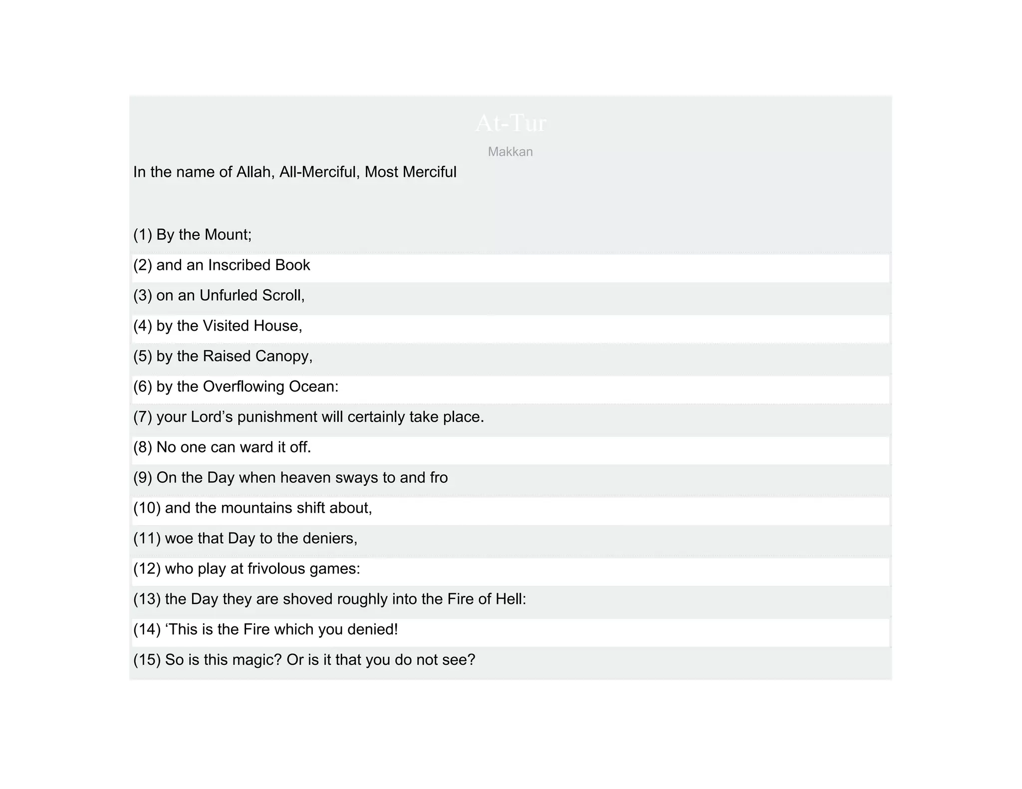 At-Tur
                                                        Makkan
In the name of Allah, All-Merciful, Most Merciful



(1) By the Mount;
(2) and an Inscribed Book
(3) on an Unfurled Scroll,
(4) by the Visited House,
(5) by the Raised Canopy,
(6) by the Overflowing Ocean:
(7) your Lord’s punishment will certainly take place.
(8) No one can ward it off.
(9) On the Day when heaven sways to and fro
(10) and the mountains shift about,
(11) woe that Day to the deniers,
(12) who play at frivolous games:
(13) the Day they are shoved roughly into the Fire of Hell:
(14) ‘This is the Fire which you denied!
(15) So is this magic? Or is it that you do not see?
 
