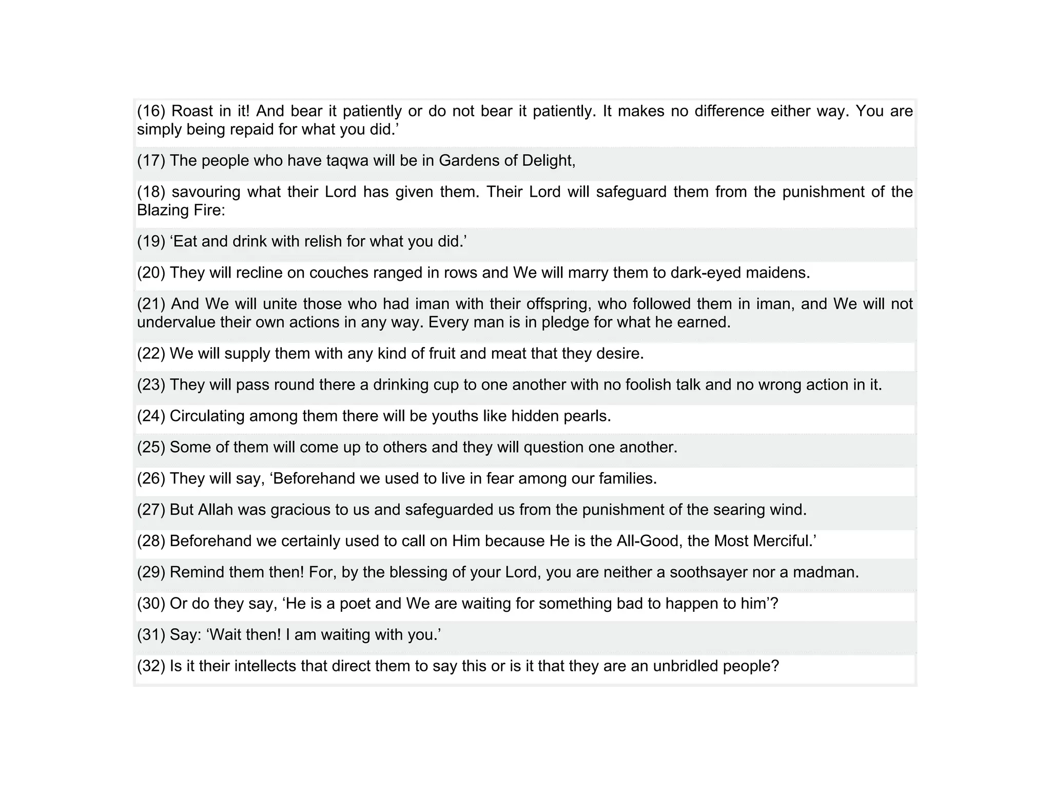 (16) Roast in it! And bear it patiently or do not bear it patiently. It makes no difference either way. You are
simply being repaid for what you did.’
(17) The people who have taqwa will be in Gardens of Delight,
(18) savouring what their Lord has given them. Their Lord will safeguard them from the punishment of the
Blazing Fire:
(19) ‘Eat and drink with relish for what you did.’
(20) They will recline on couches ranged in rows and We will marry them to dark-eyed maidens.
(21) And We will unite those who had iman with their offspring, who followed them in iman, and We will not
undervalue their own actions in any way. Every man is in pledge for what he earned.
(22) We will supply them with any kind of fruit and meat that they desire.
(23) They will pass round there a drinking cup to one another with no foolish talk and no wrong action in it.
(24) Circulating among them there will be youths like hidden pearls.
(25) Some of them will come up to others and they will question one another.
(26) They will say, ‘Beforehand we used to live in fear among our families.
(27) But Allah was gracious to us and safeguarded us from the punishment of the searing wind.
(28) Beforehand we certainly used to call on Him because He is the All-Good, the Most Merciful.’
(29) Remind them then! For, by the blessing of your Lord, you are neither a soothsayer nor a madman.
(30) Or do they say, ‘He is a poet and We are waiting for something bad to happen to him’?
(31) Say: ‘Wait then! I am waiting with you.’
(32) Is it their intellects that direct them to say this or is it that they are an unbridled people?
 