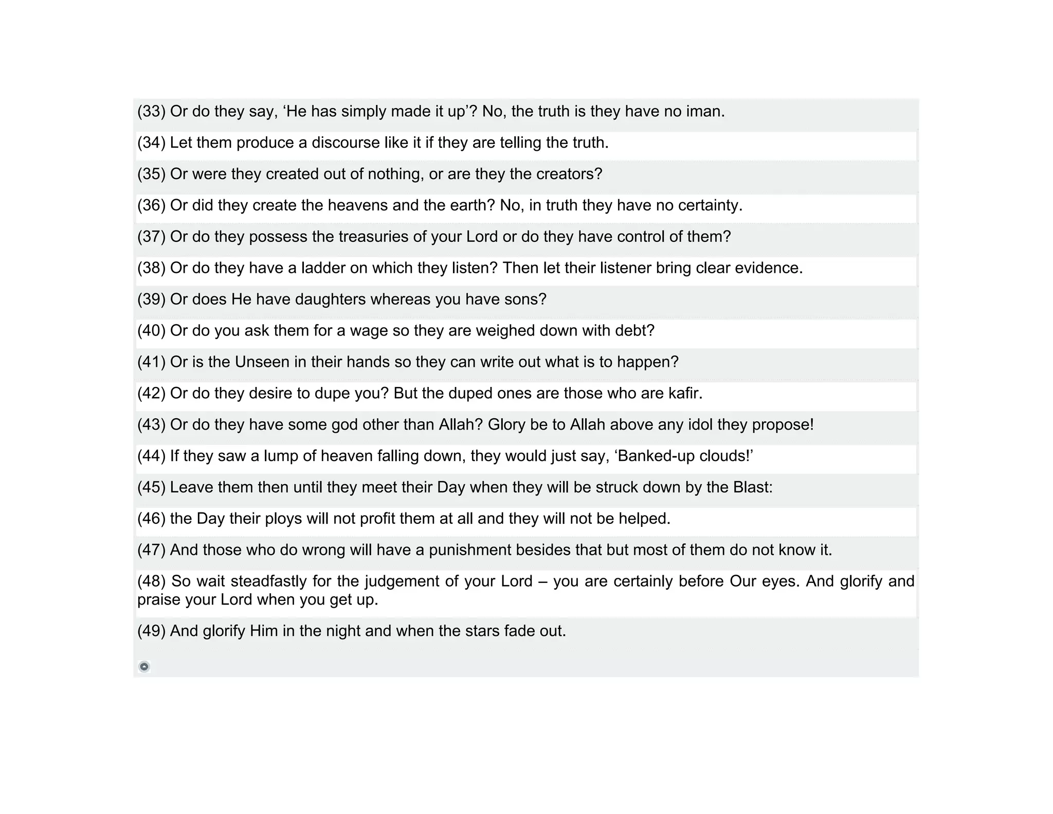 (33) Or do they say, ‘He has simply made it up’? No, the truth is they have no iman.
(34) Let them produce a discourse like it if they are telling the truth.
(35) Or were they created out of nothing, or are they the creators?
(36) Or did they create the heavens and the earth? No, in truth they have no certainty.
(37) Or do they possess the treasuries of your Lord or do they have control of them?
(38) Or do they have a ladder on which they listen? Then let their listener bring clear evidence.
(39) Or does He have daughters whereas you have sons?
(40) Or do you ask them for a wage so they are weighed down with debt?
(41) Or is the Unseen in their hands so they can write out what is to happen?
(42) Or do they desire to dupe you? But the duped ones are those who are kafir.
(43) Or do they have some god other than Allah? Glory be to Allah above any idol they propose!
(44) If they saw a lump of heaven falling down, they would just say, ‘Banked-up clouds!’
(45) Leave them then until they meet their Day when they will be struck down by the Blast:
(46) the Day their ploys will not profit them at all and they will not be helped.
(47) And those who do wrong will have a punishment besides that but most of them do not know it.
(48) So wait steadfastly for the judgement of your Lord – you are certainly before Our eyes. And glorify and
praise your Lord when you get up.
(49) And glorify Him in the night and when the stars fade out.
 