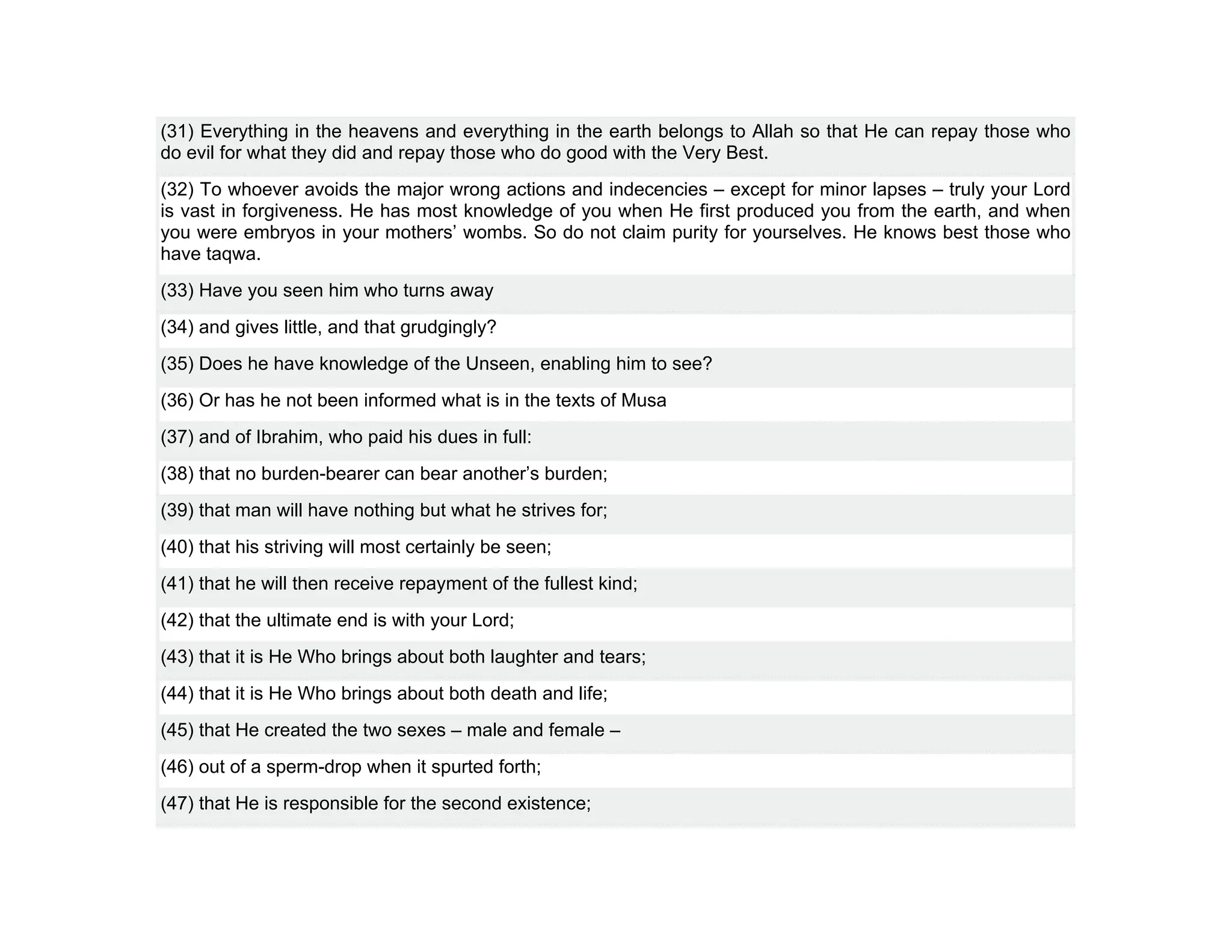 (31) Everything in the heavens and everything in the earth belongs to Allah so that He can repay those who
do evil for what they did and repay those who do good with the Very Best.
(32) To whoever avoids the major wrong actions and indecencies – except for minor lapses – truly your Lord
is vast in forgiveness. He has most knowledge of you when He first produced you from the earth, and when
you were embryos in your mothers’ wombs. So do not claim purity for yourselves. He knows best those who
have taqwa.
(33) Have you seen him who turns away
(34) and gives little, and that grudgingly?
(35) Does he have knowledge of the Unseen, enabling him to see?
(36) Or has he not been informed what is in the texts of Musa
(37) and of Ibrahim, who paid his dues in full:
(38) that no burden-bearer can bear another’s burden;
(39) that man will have nothing but what he strives for;
(40) that his striving will most certainly be seen;
(41) that he will then receive repayment of the fullest kind;
(42) that the ultimate end is with your Lord;
(43) that it is He Who brings about both laughter and tears;
(44) that it is He Who brings about both death and life;
(45) that He created the two sexes – male and female –
(46) out of a sperm-drop when it spurted forth;
(47) that He is responsible for the second existence;
 